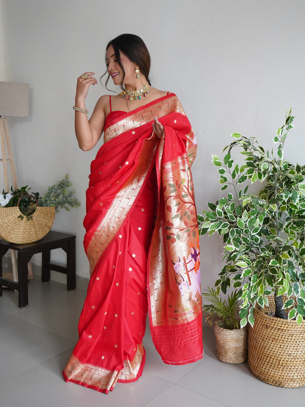 Pink and Red Color Zari Golden Weaving Rich Saree