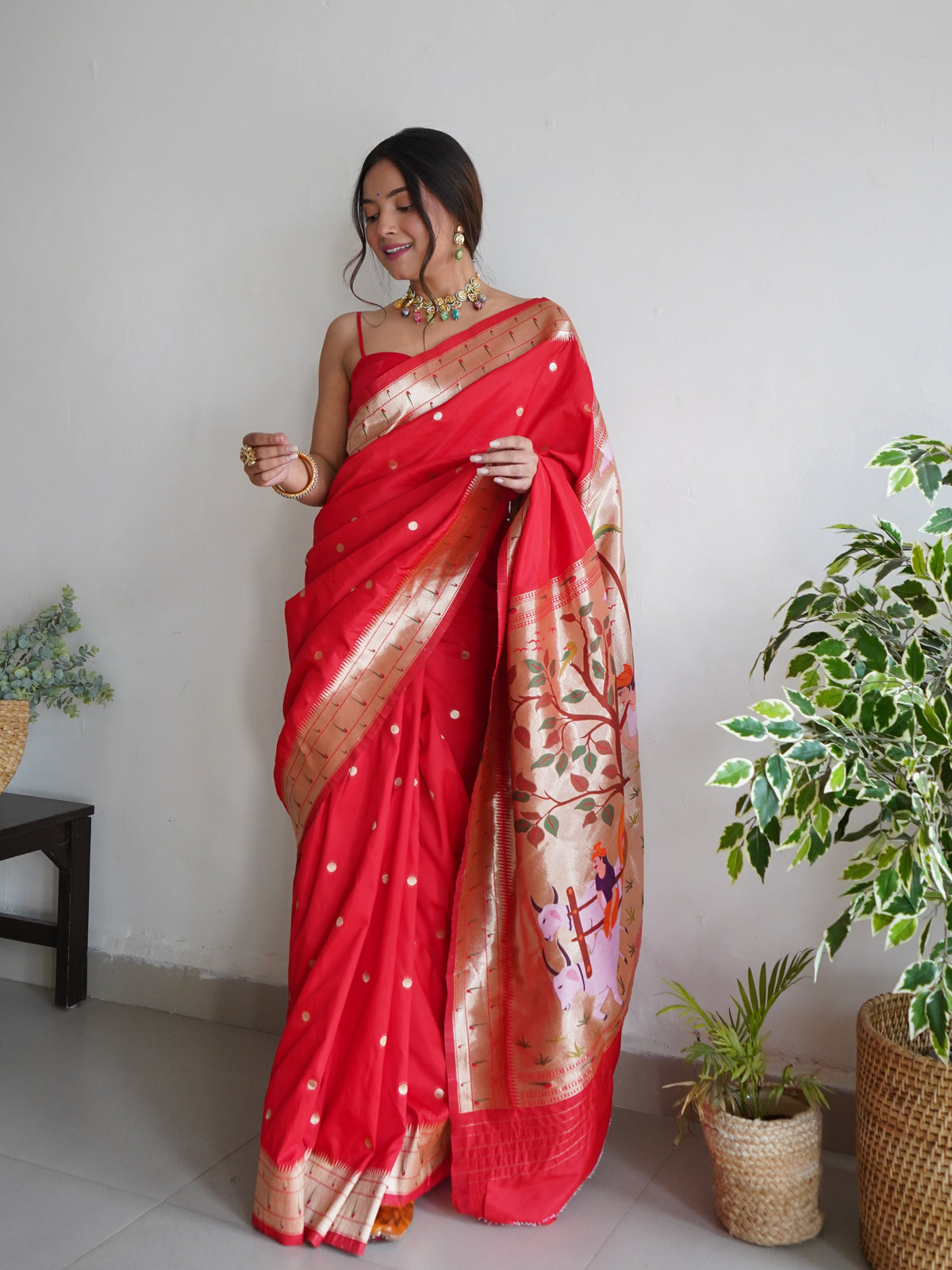 Pink and Red Color Zari Golden Weaving Rich Saree