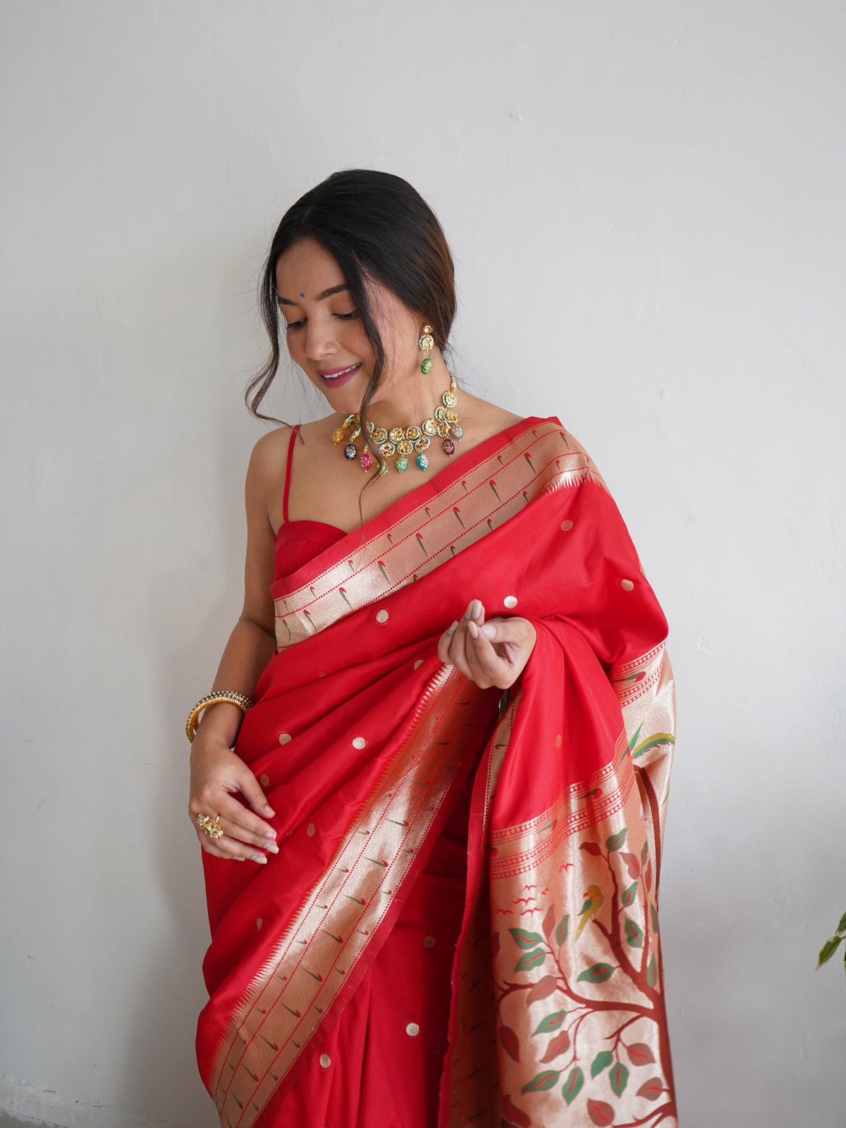 Pink and Red Color Zari Golden Weaving Rich Saree