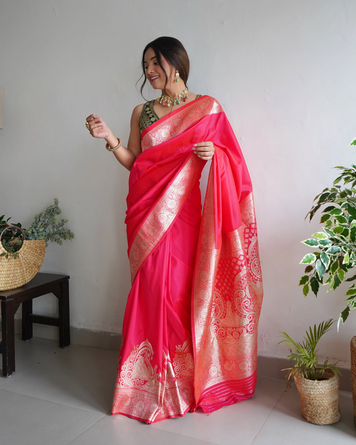 Pink Color Zari Golden Weaving Rich Saree