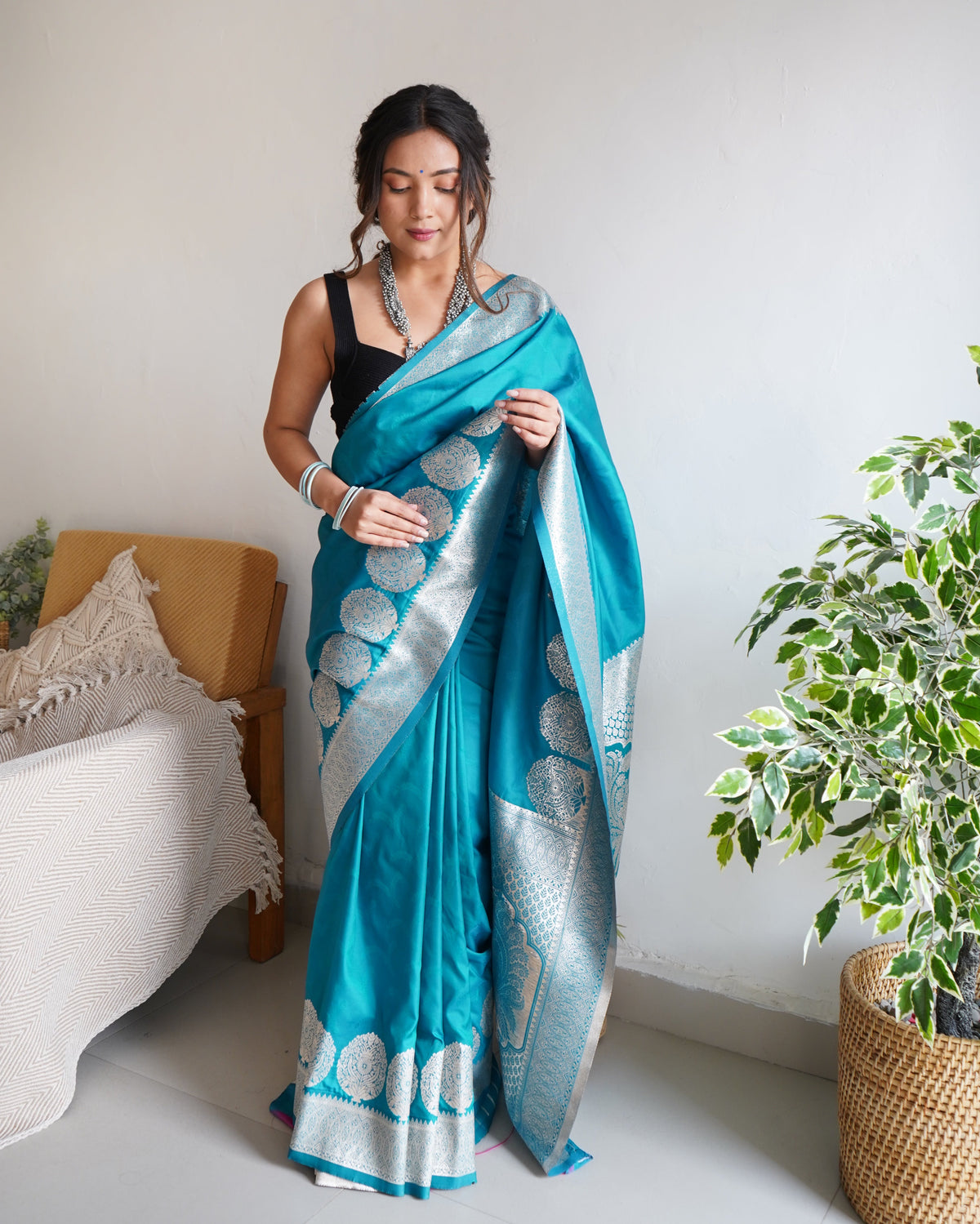 Turquoise Color Zari Golden Weaving Rich Saree