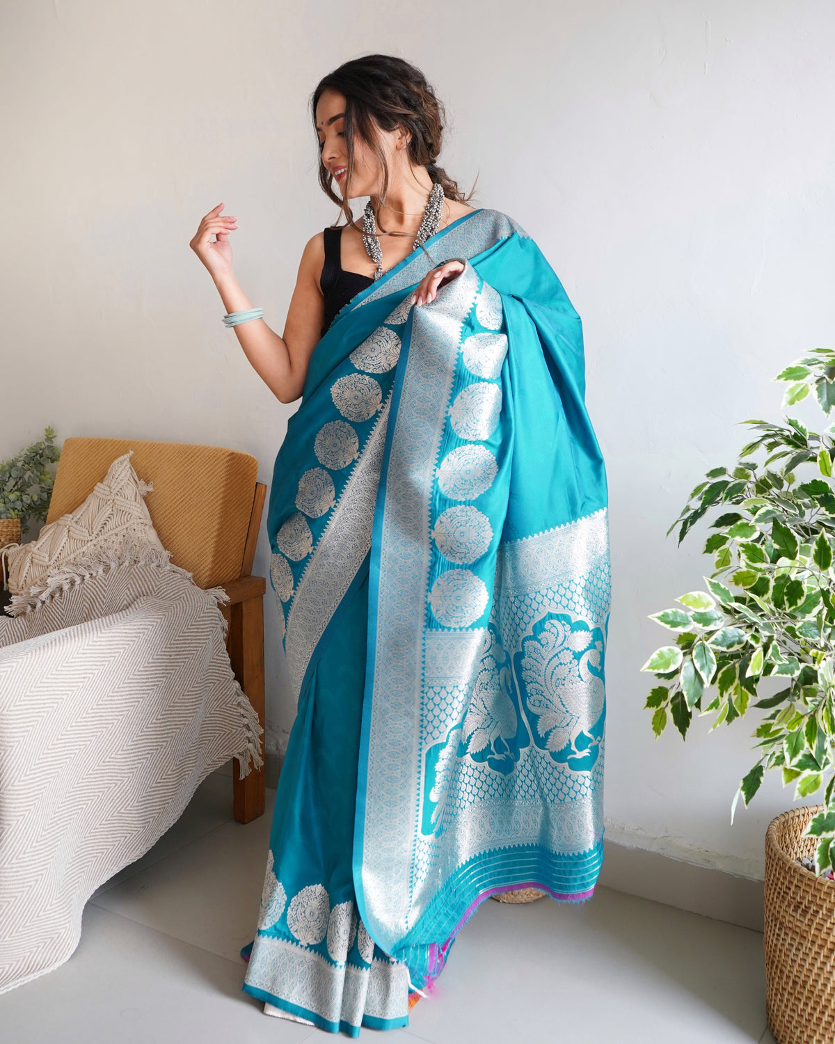 Turquoise Color Zari Golden Weaving Rich Saree