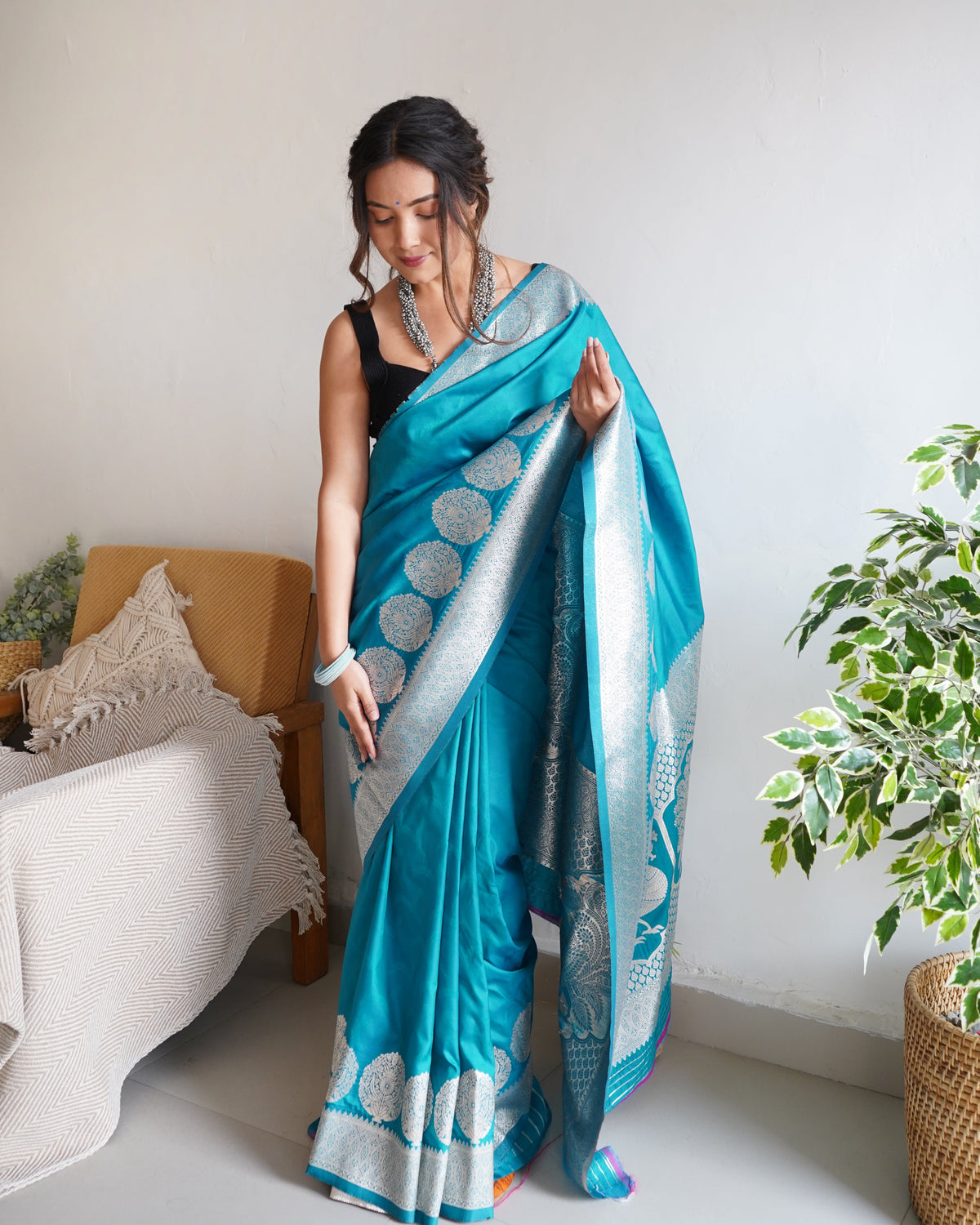 Turquoise Color Zari Golden Weaving Rich Saree