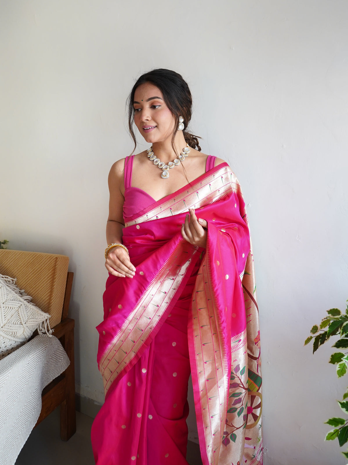 Dark Pink Color Zari Golden Weaving Rich Saree