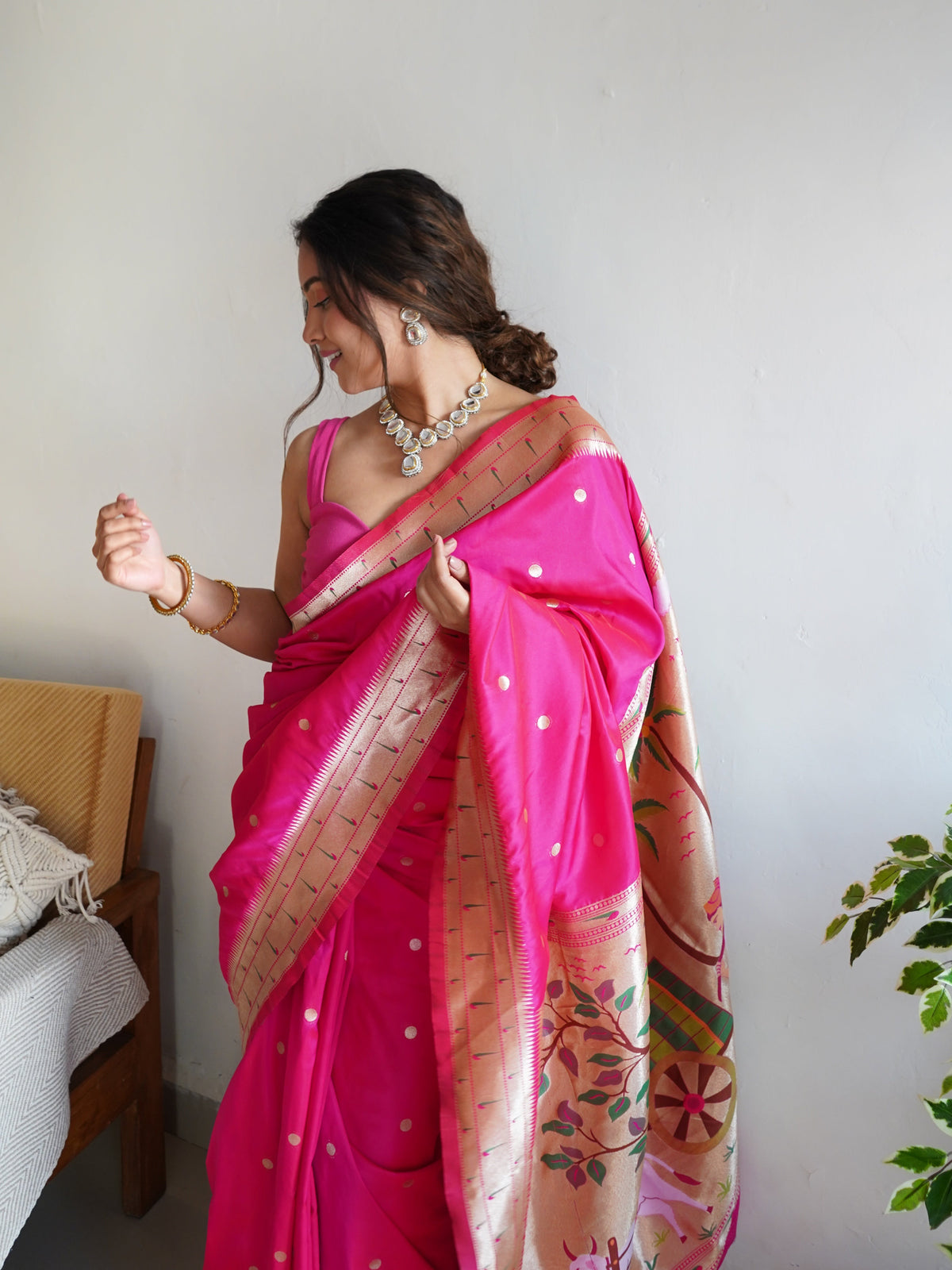 Dark Pink Color Zari Golden Weaving Rich Saree