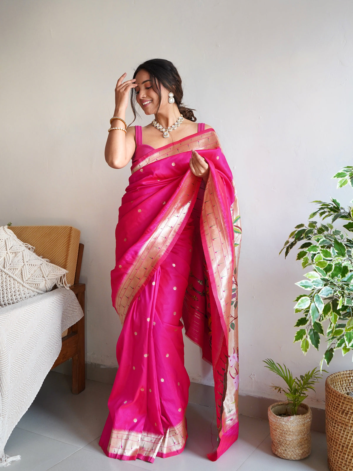 Dark Pink Color Zari Golden Weaving Rich Saree