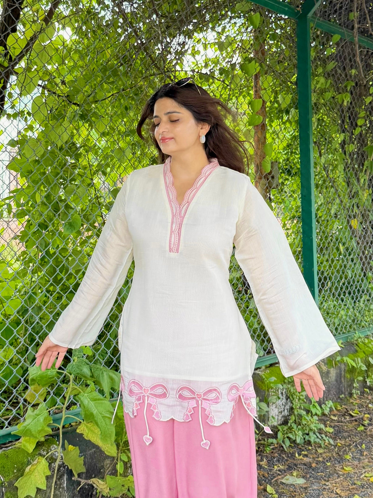 Off-White & Pink Roman Silk Top with Palazzo Set