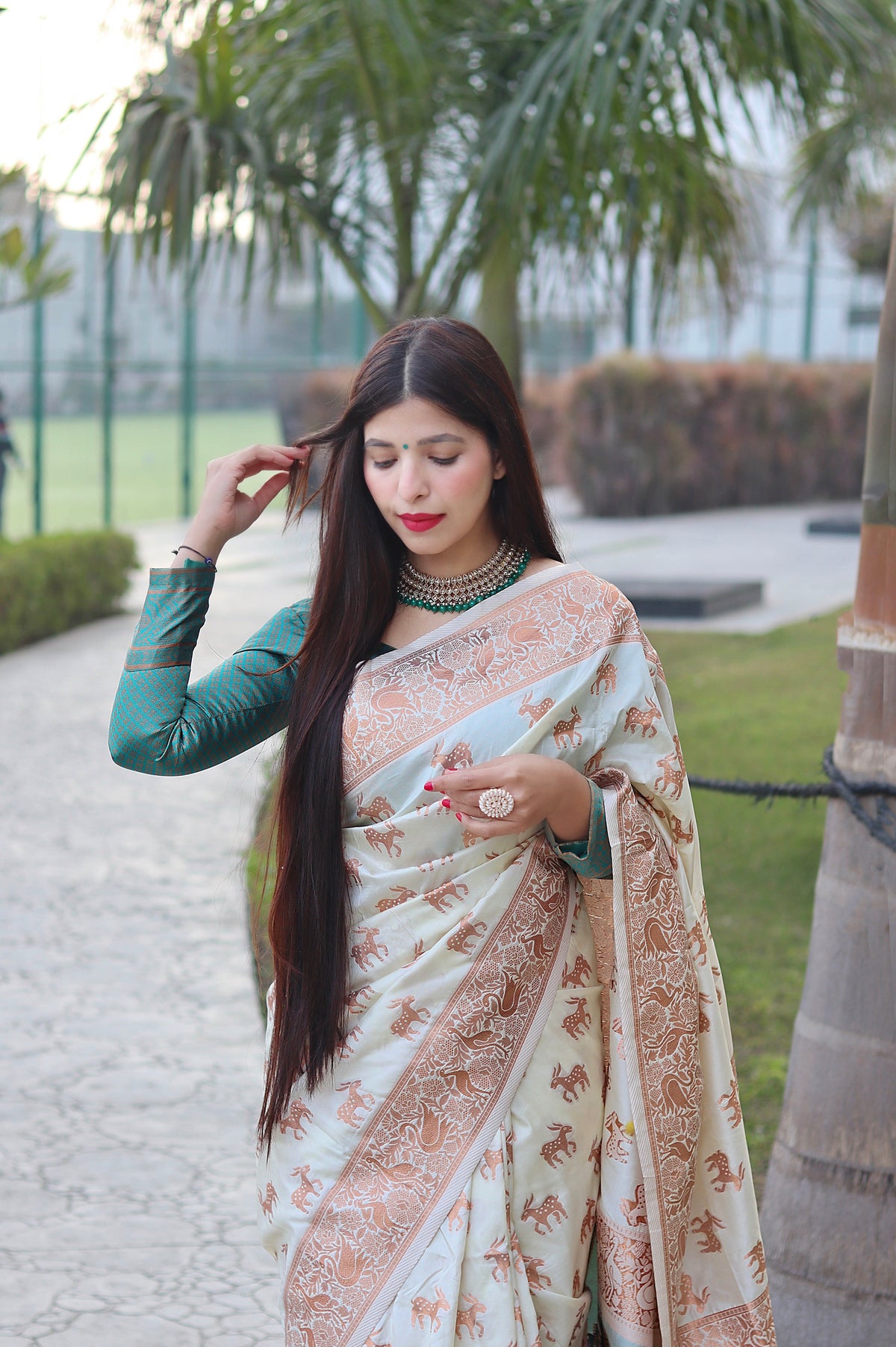 Cream Color Zari Golden Weaving Rich Saree