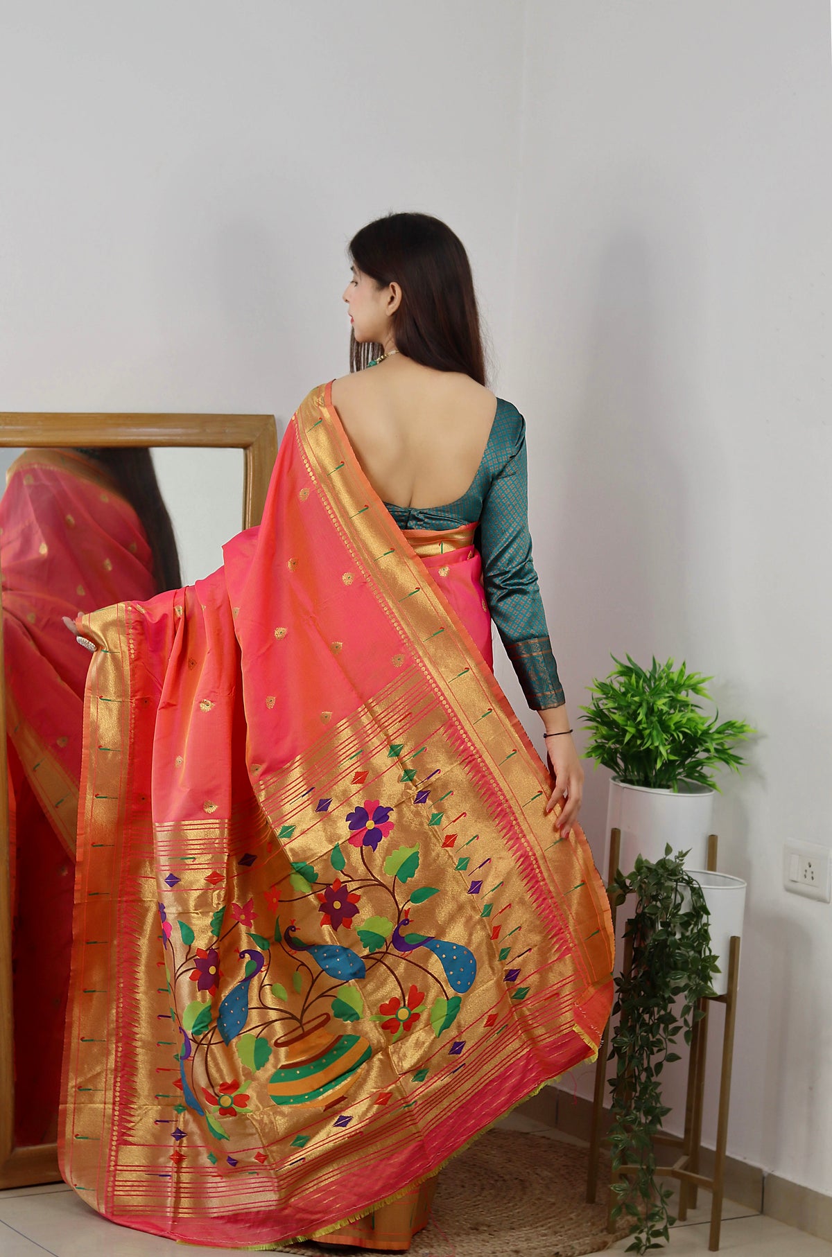 Coral Pink Color Zari Golden Weaving Rich Saree