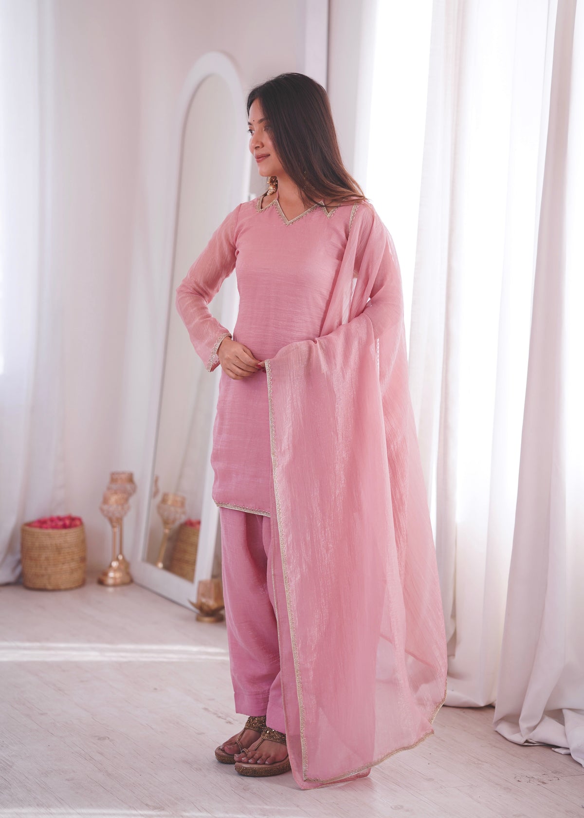 Dusty Rose Pink Crunchy Silk Short Kurta with Farshi Pant & Dupatta Set