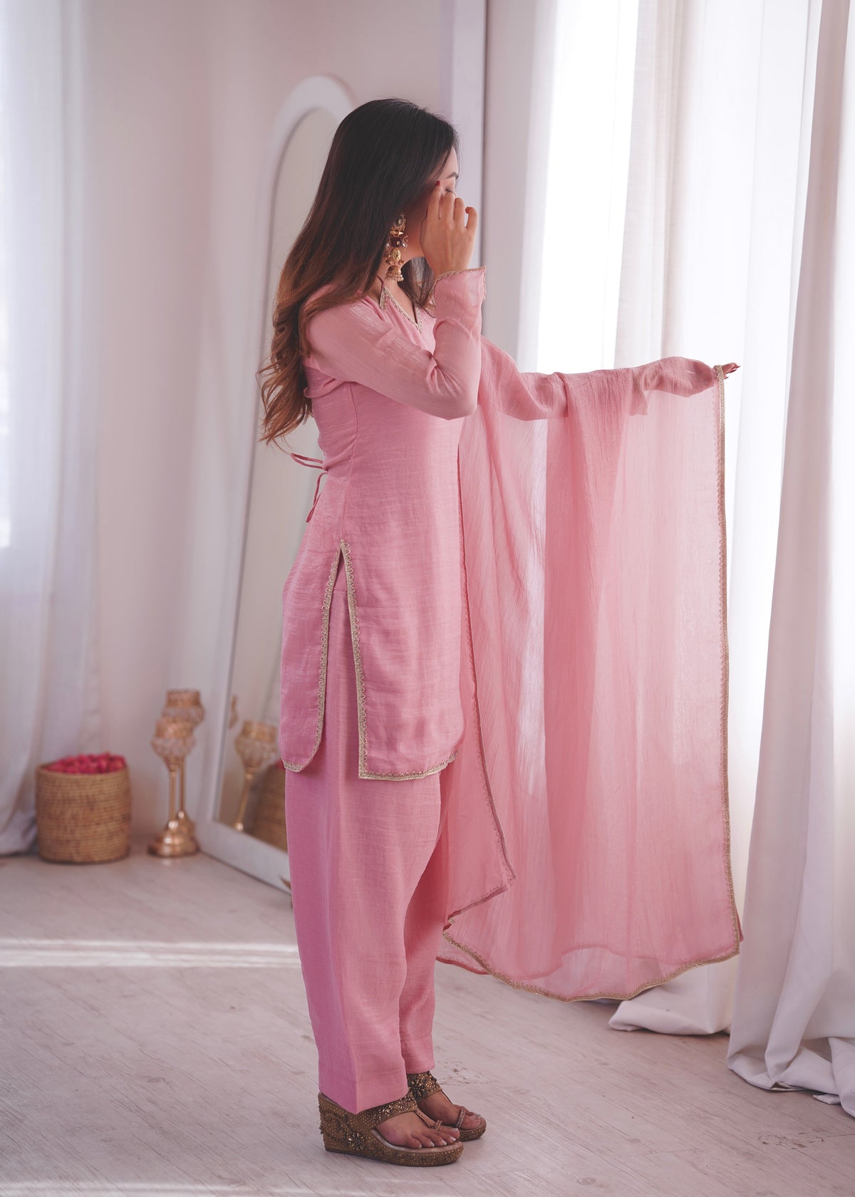 Dusty Rose Pink Crunchy Silk Short Kurta with Farshi Pant & Dupatta Set