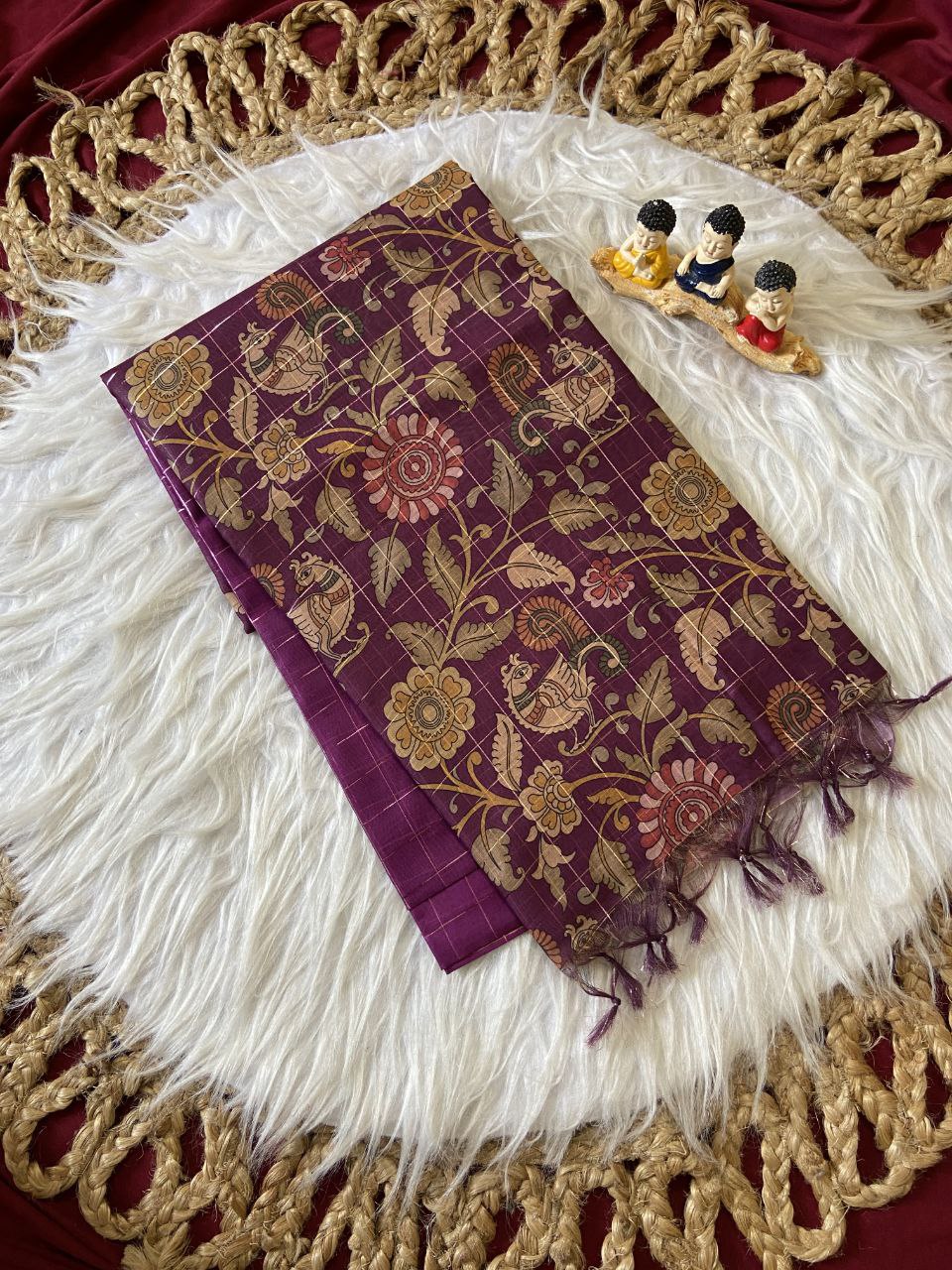 Magenta Semi Tussar Silk Floral Checks Saree