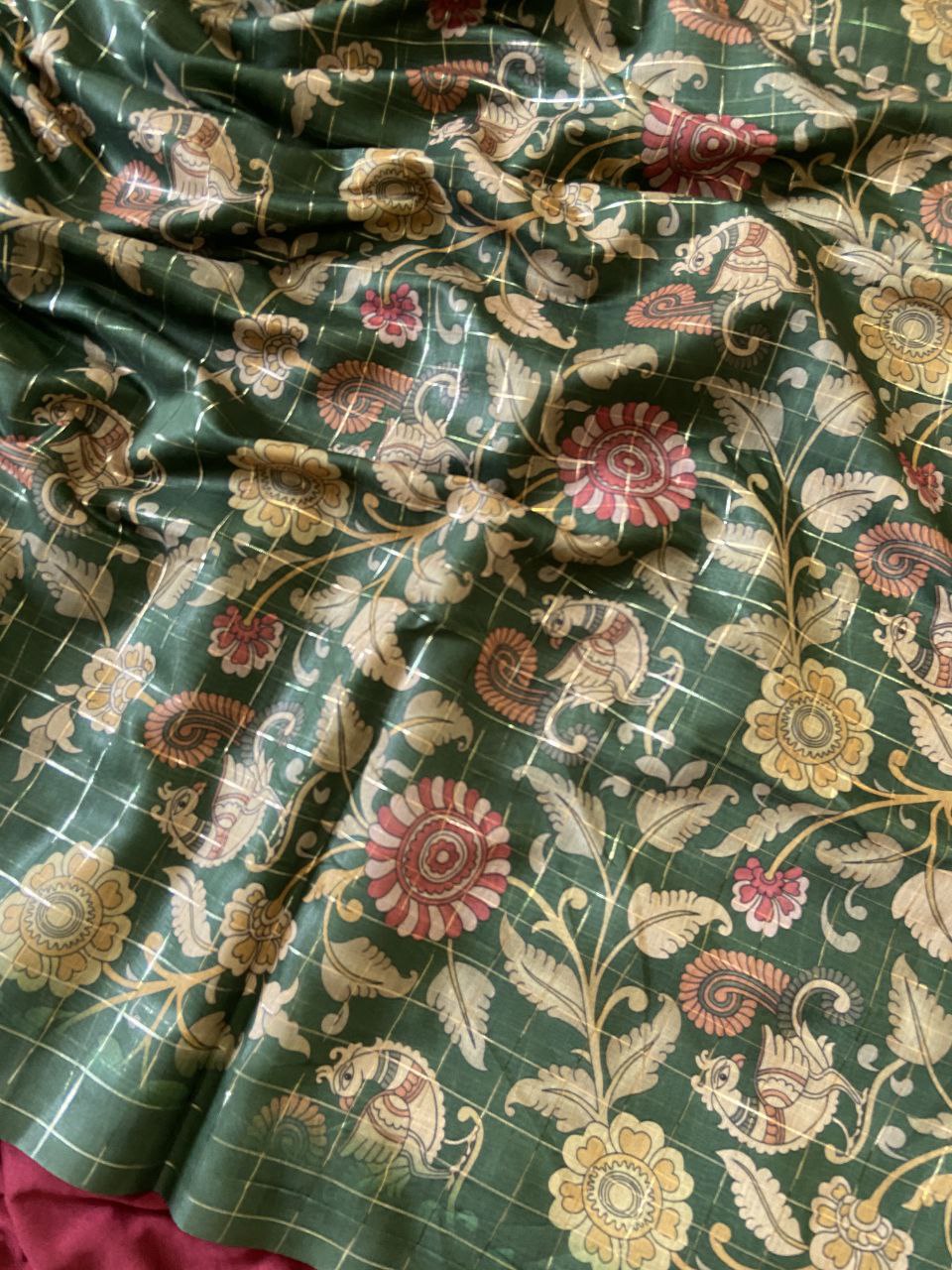 Green Semi Tussar Silk Floral Checks Saree