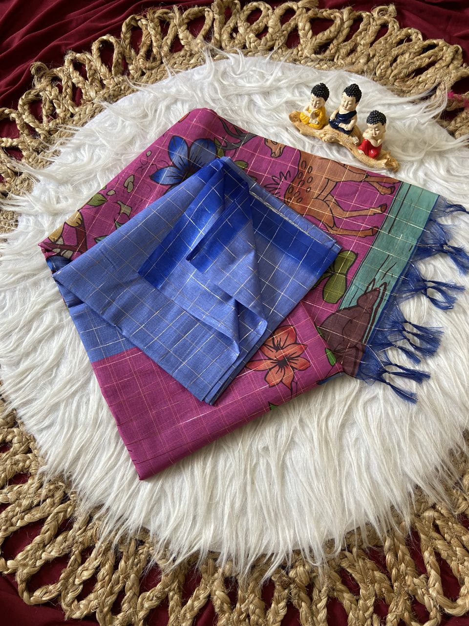 Rani Pink Semi Tussar Silk Floral Print Saree