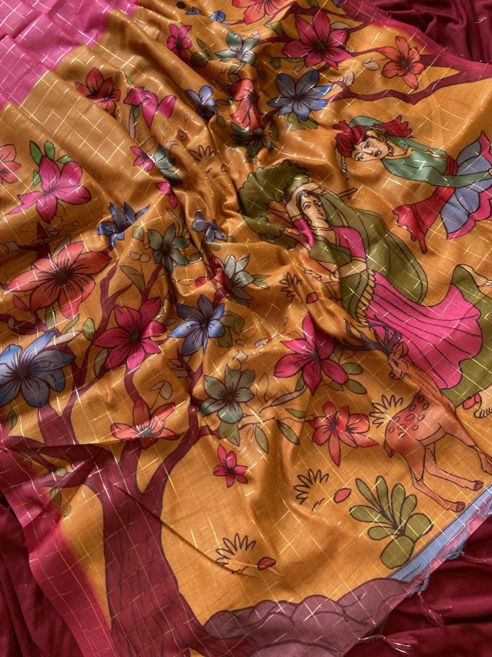 Mustard Semi Tussar Silk Floral Print Saree