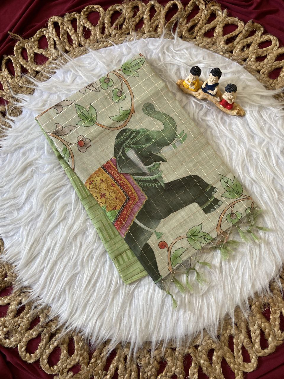 Pista Green Semi Tussar Silk Elephant Print Saree