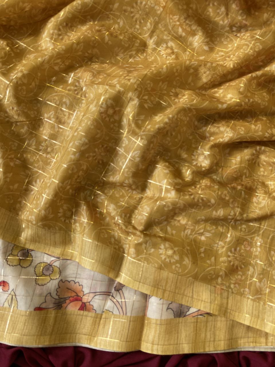 Mustard Semi Tussar Silk Elephant Print Saree