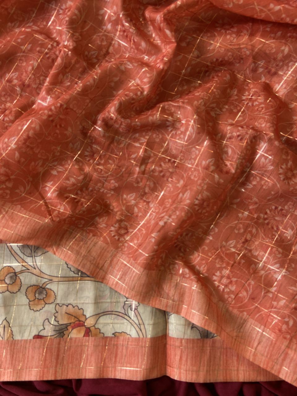 Coral Peach Semi Tussar Silk Elephant Print Saree