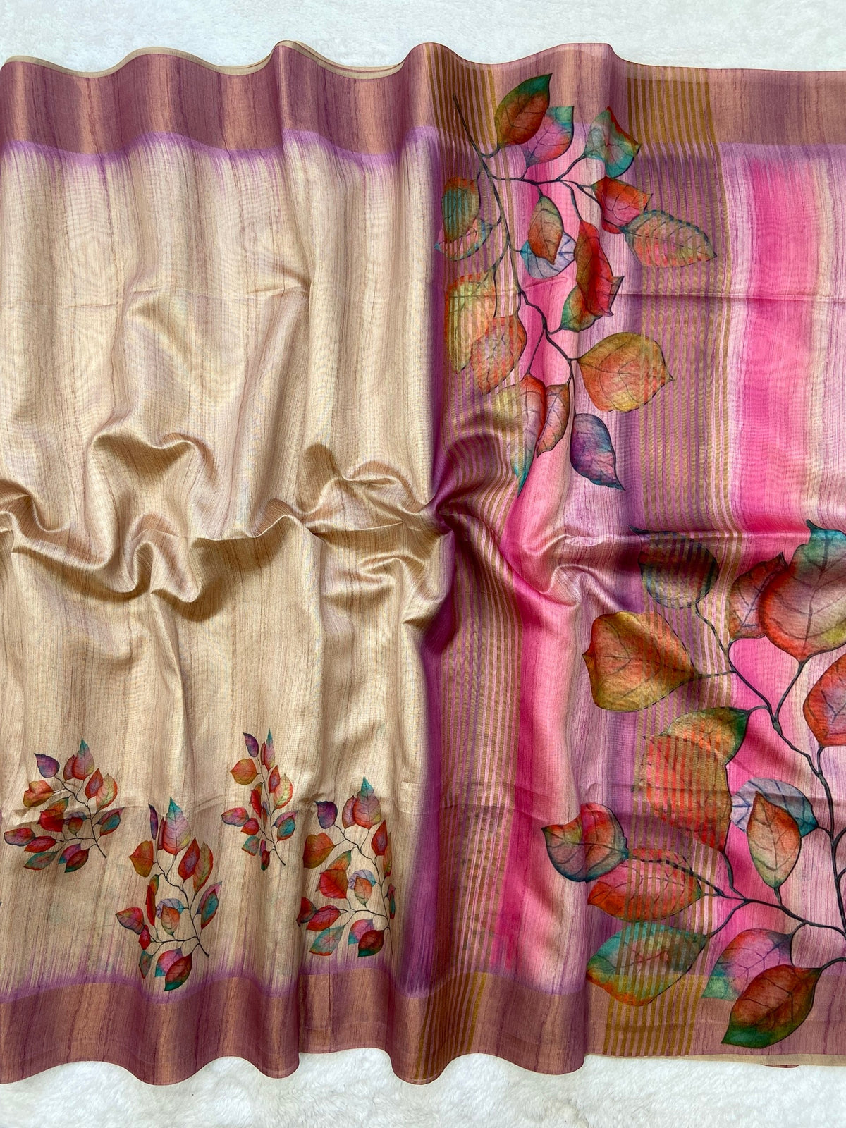Lavender Tussar Silk Leaf Print Saree