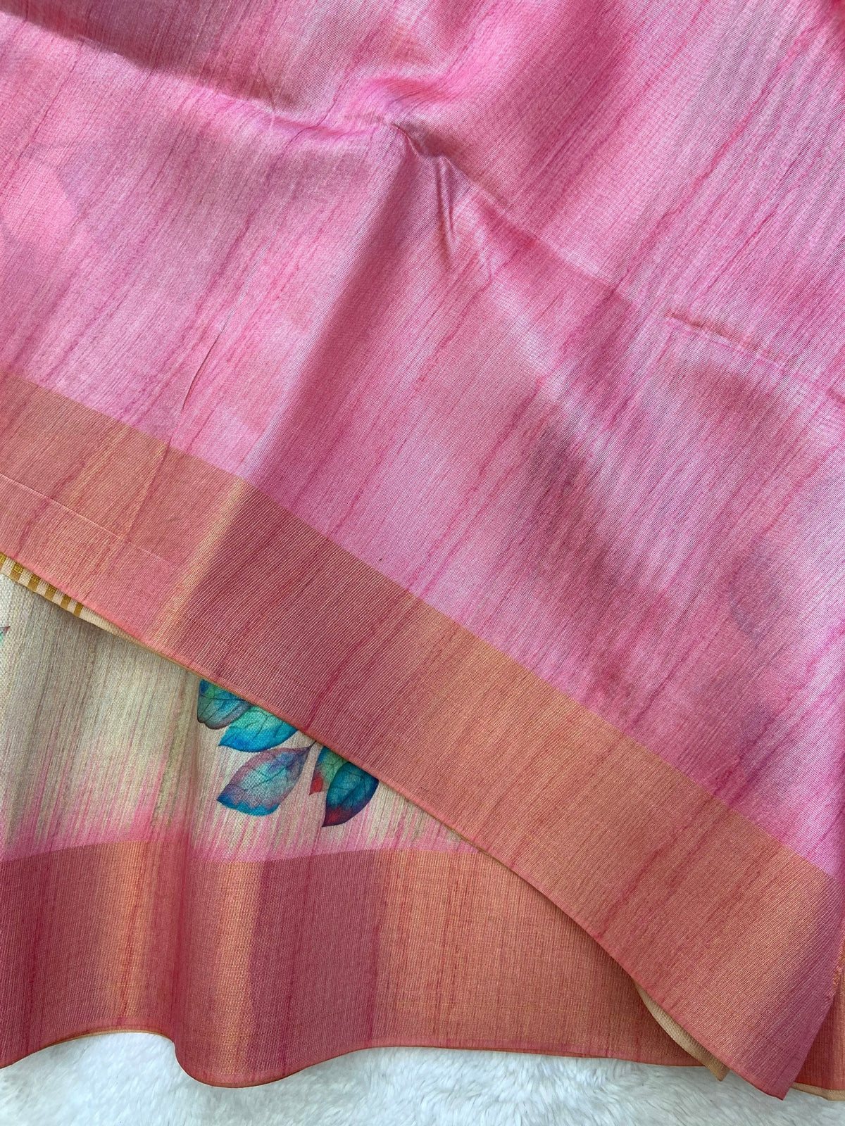 Pink Tussar Silk Leaf Print Saree