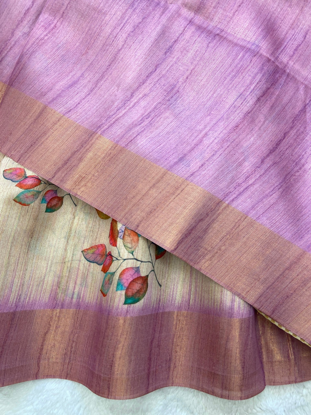 Lavender Tussar Silk Leaf Print Saree