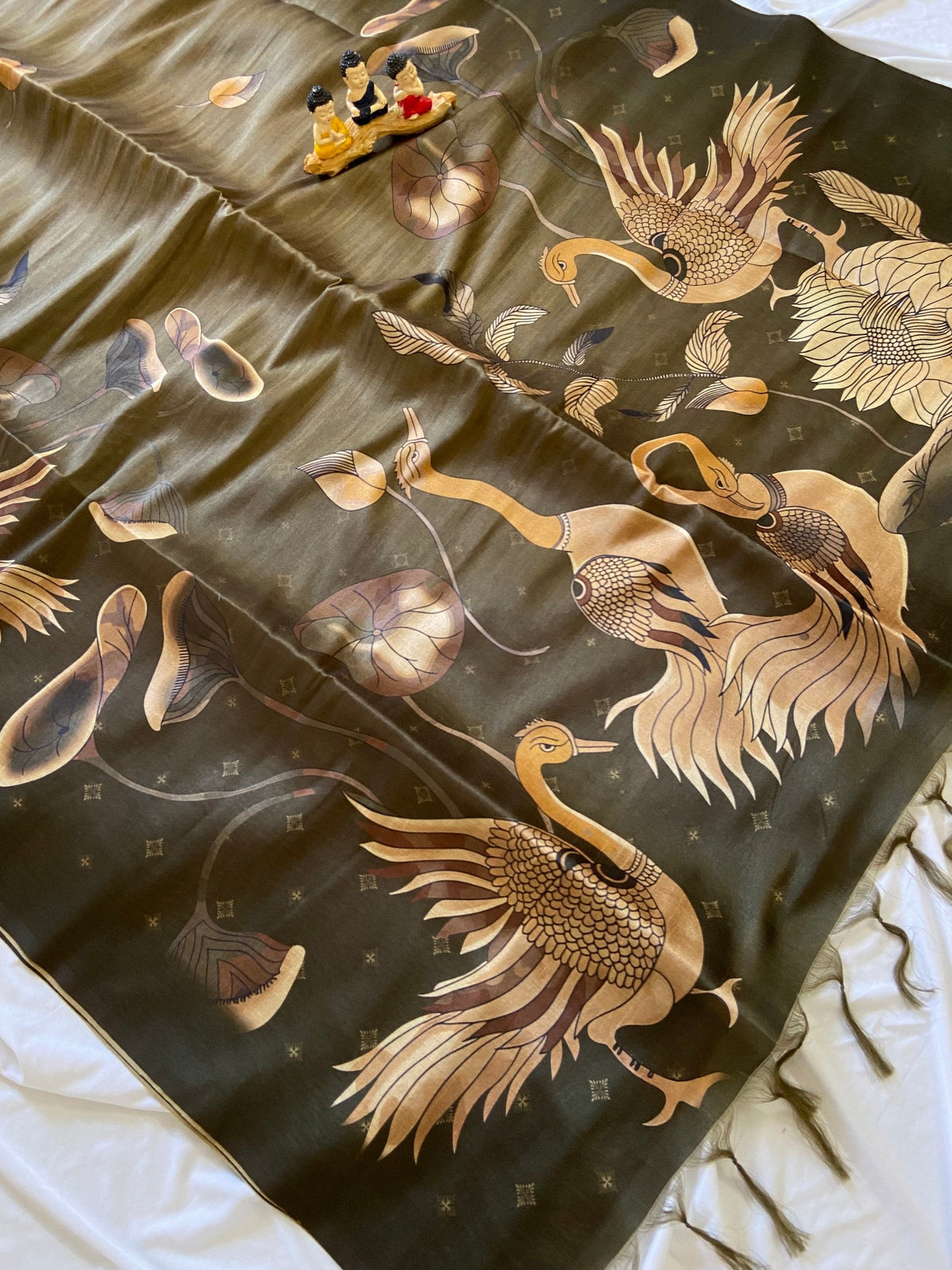 Olive Tussar Silk Golden Crane Print Saree