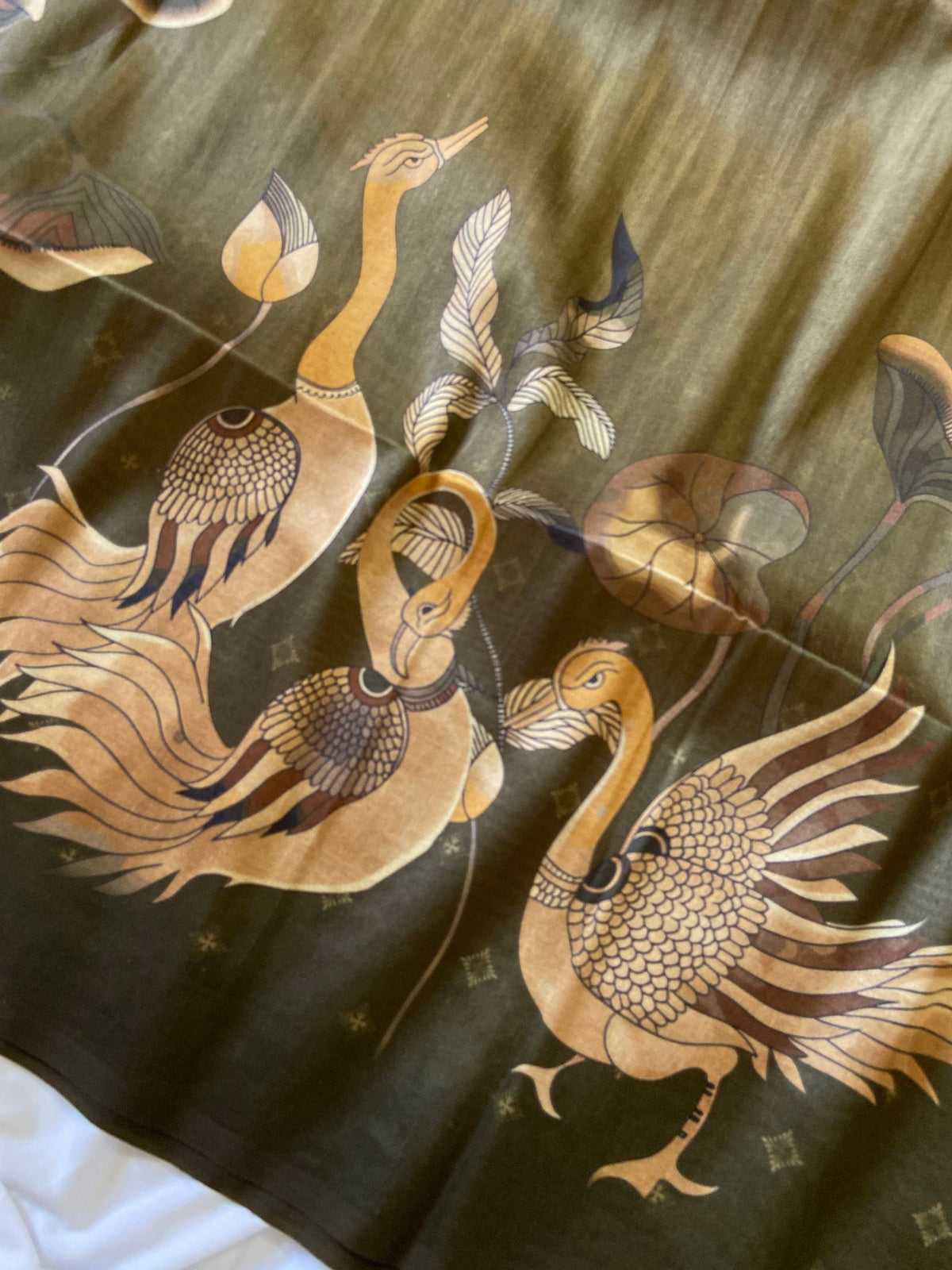 Olive Tussar Silk Golden Crane Print Saree