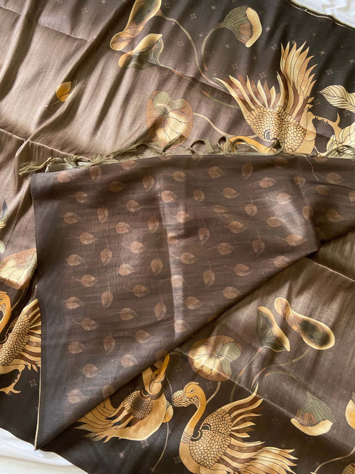 Coffee Brown Tussar Silk Golden Crane Print Saree