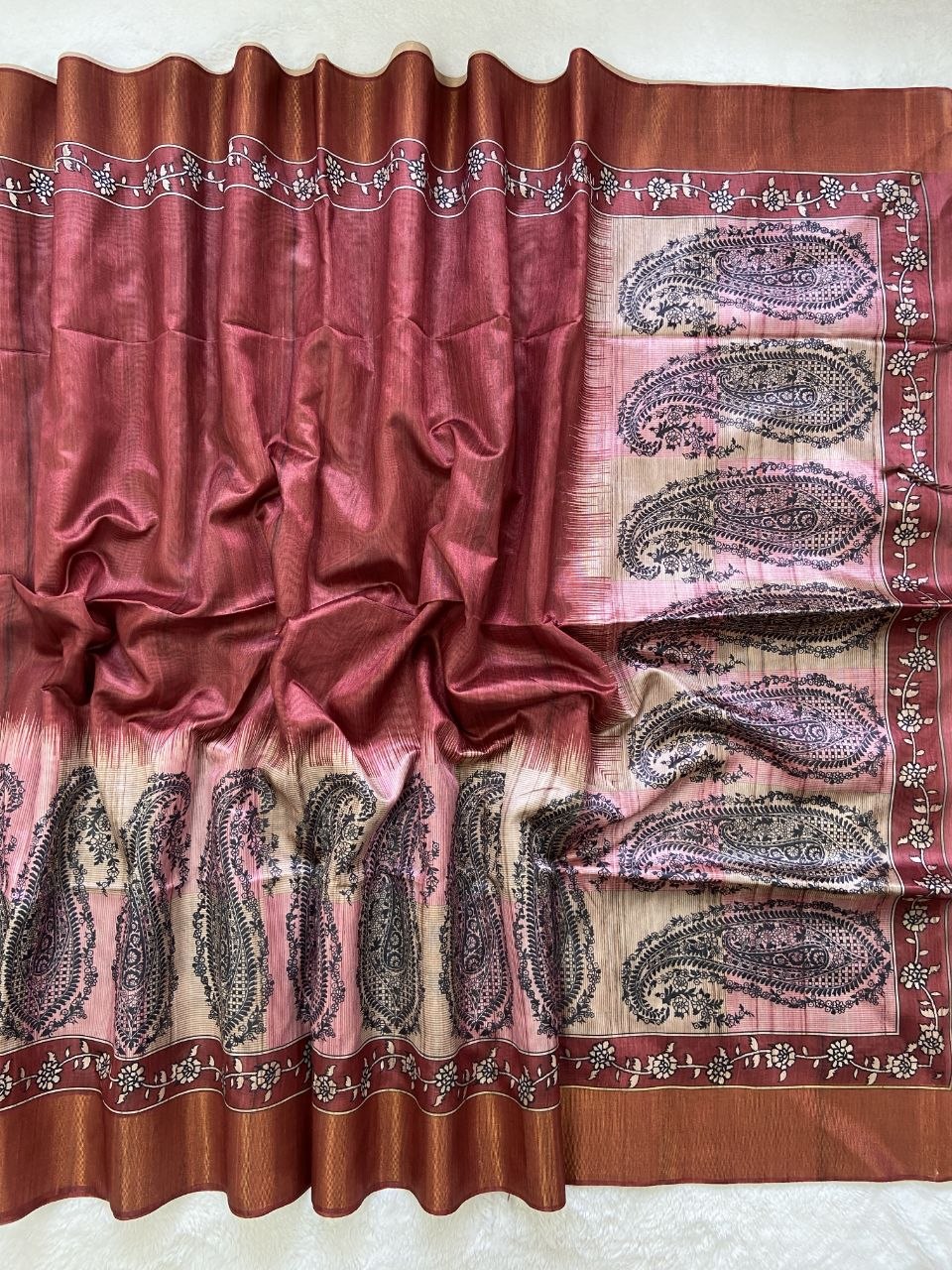 Red Tussar Silk Paisley Print Saree
