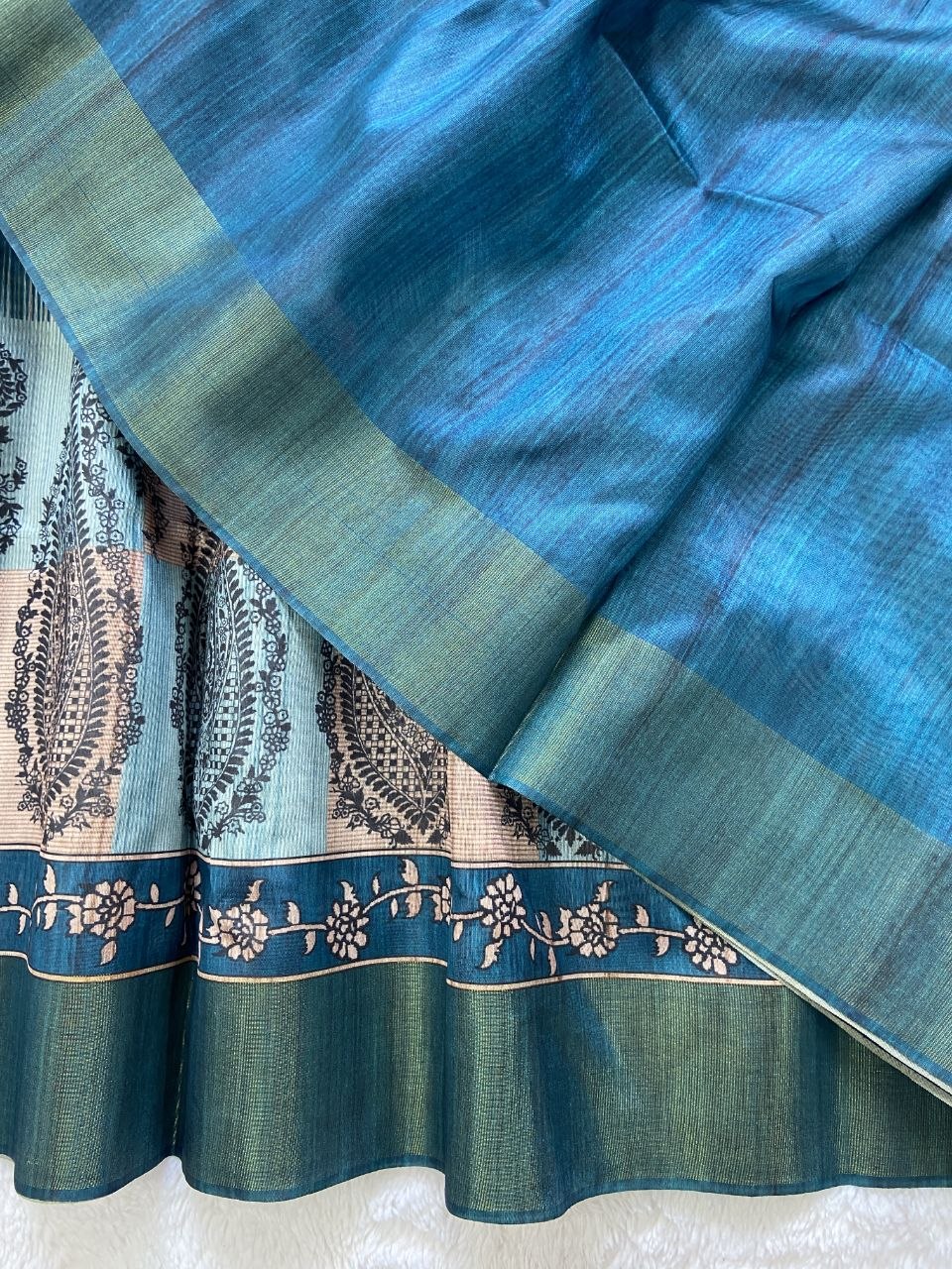 Teal Tussar Silk Paisley Print Saree