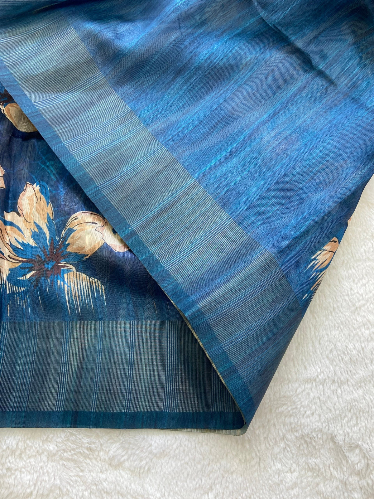 Royal Blue Tussar Silk Blossom Print Saree