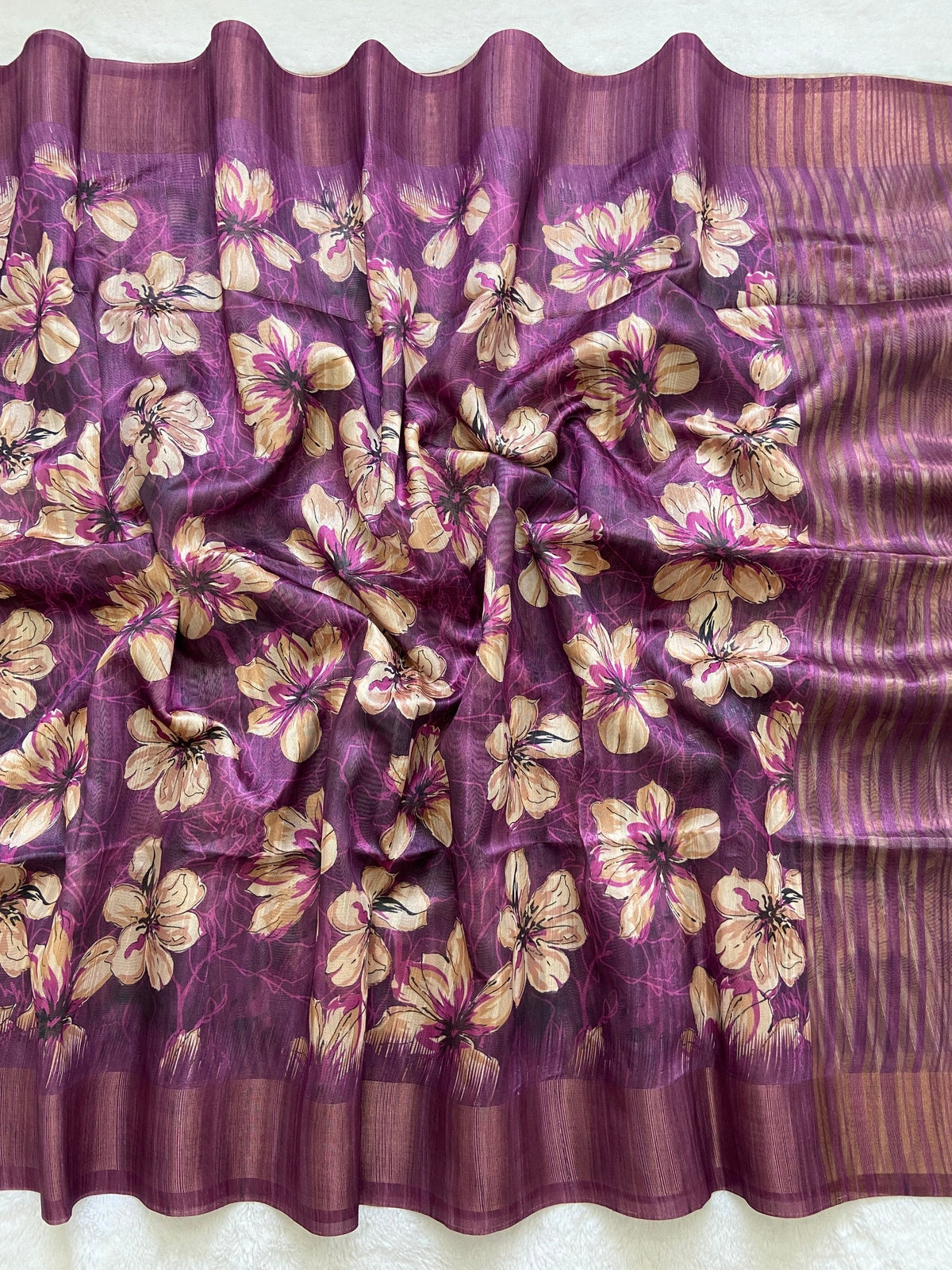 Plum Tussar Silk Blossom Print Saree