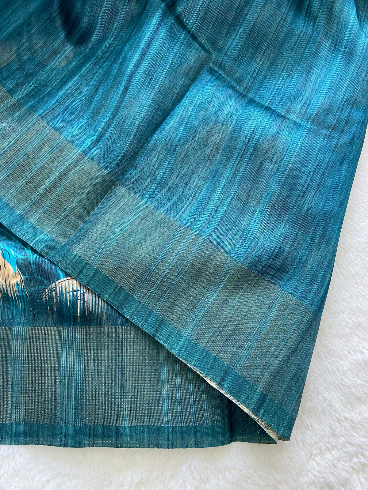 Teal Blue Tussar Silk Blossom Print Saree