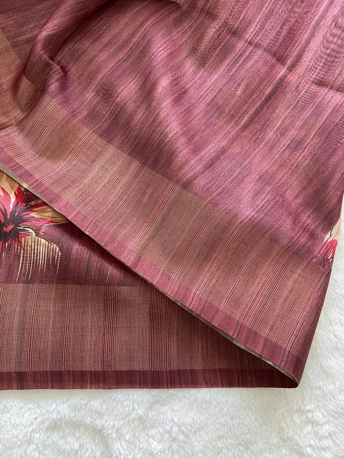 Maroon Tussar Silk Blossom Print Saree