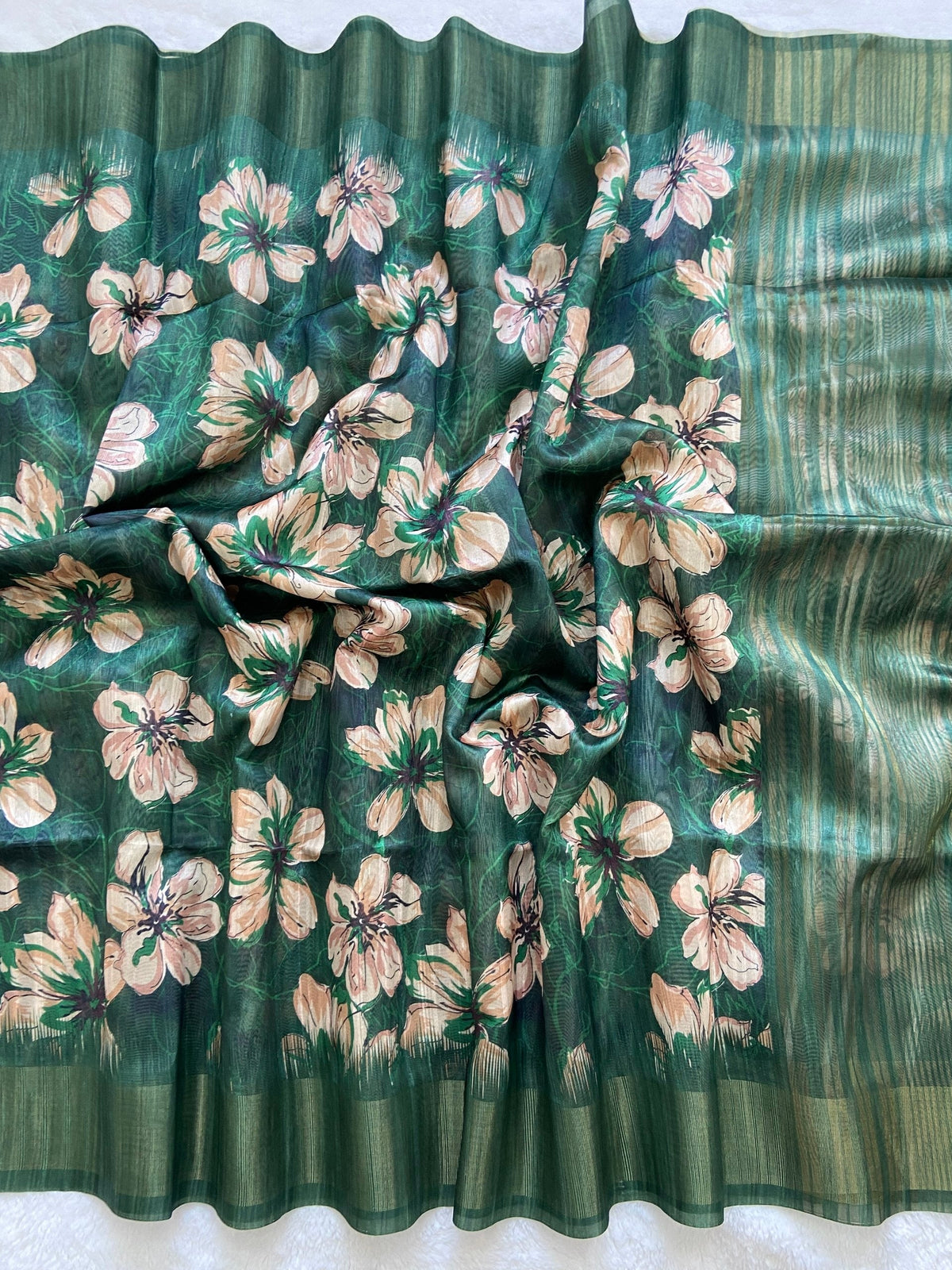 Bottle Green Tussar Silk Blossom Print Saree