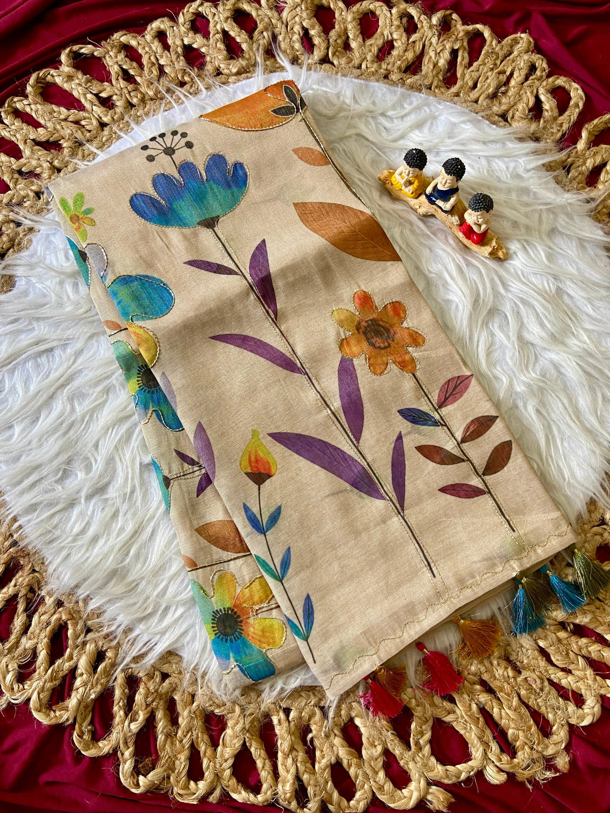Cream Tissue Silk Floral Print Saree with Aari Pallu