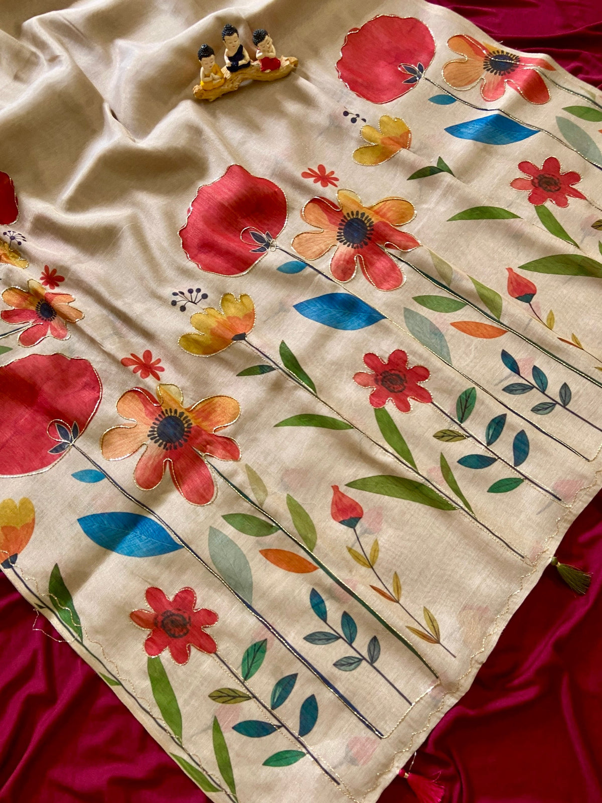 Cream Tissue Silk Floral Print Saree with Aari Pallu