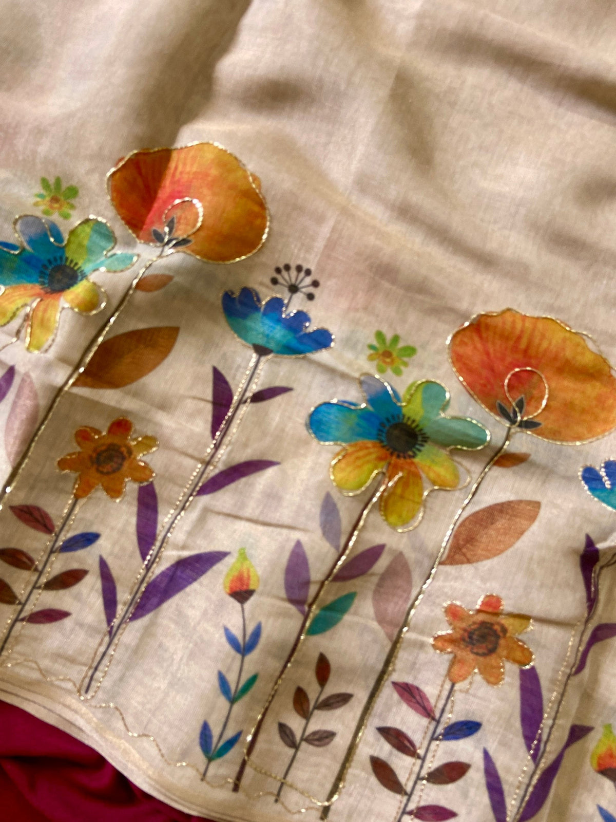 Cream Tissue Silk Floral Print Saree with Aari Pallu