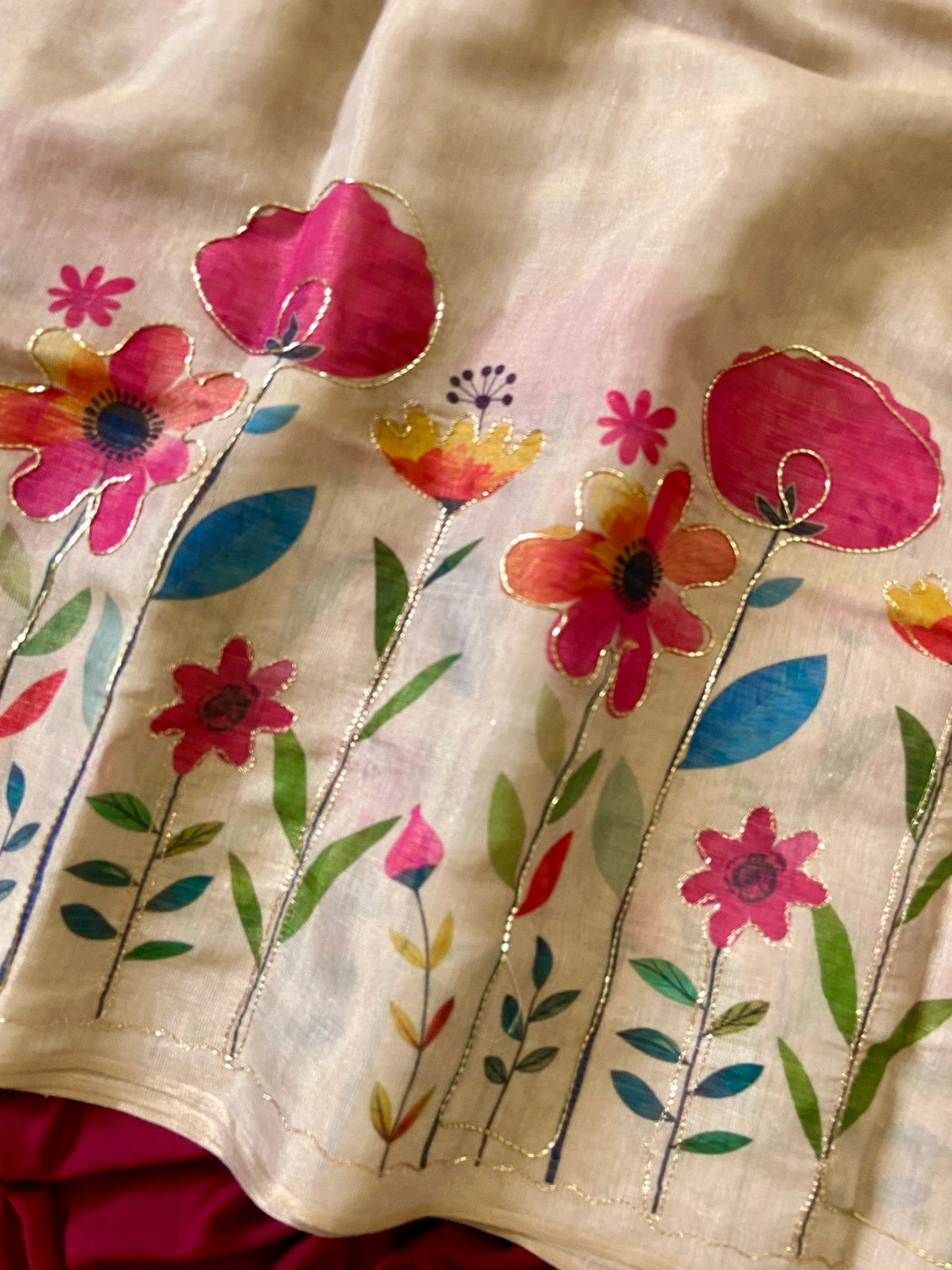 Cream Tissue Silk Floral Print Saree with Aari Pallu
