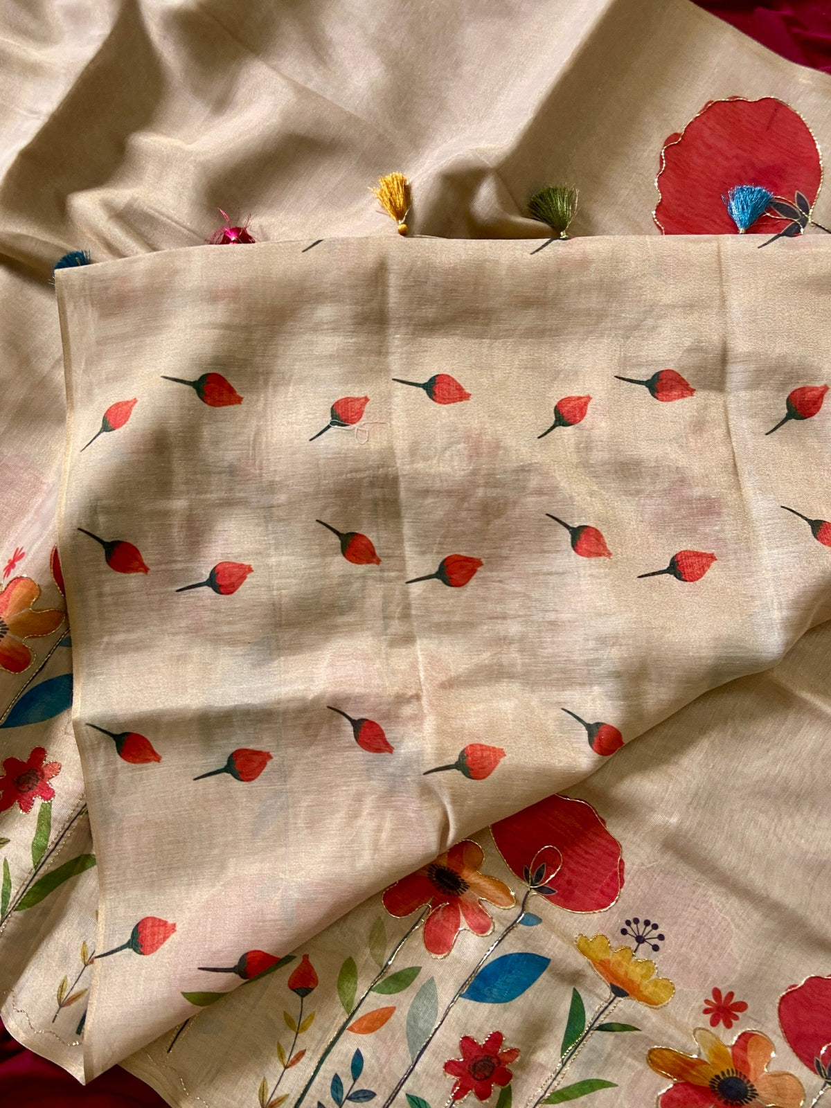 Cream Tissue Silk Floral Print Saree with Aari Pallu