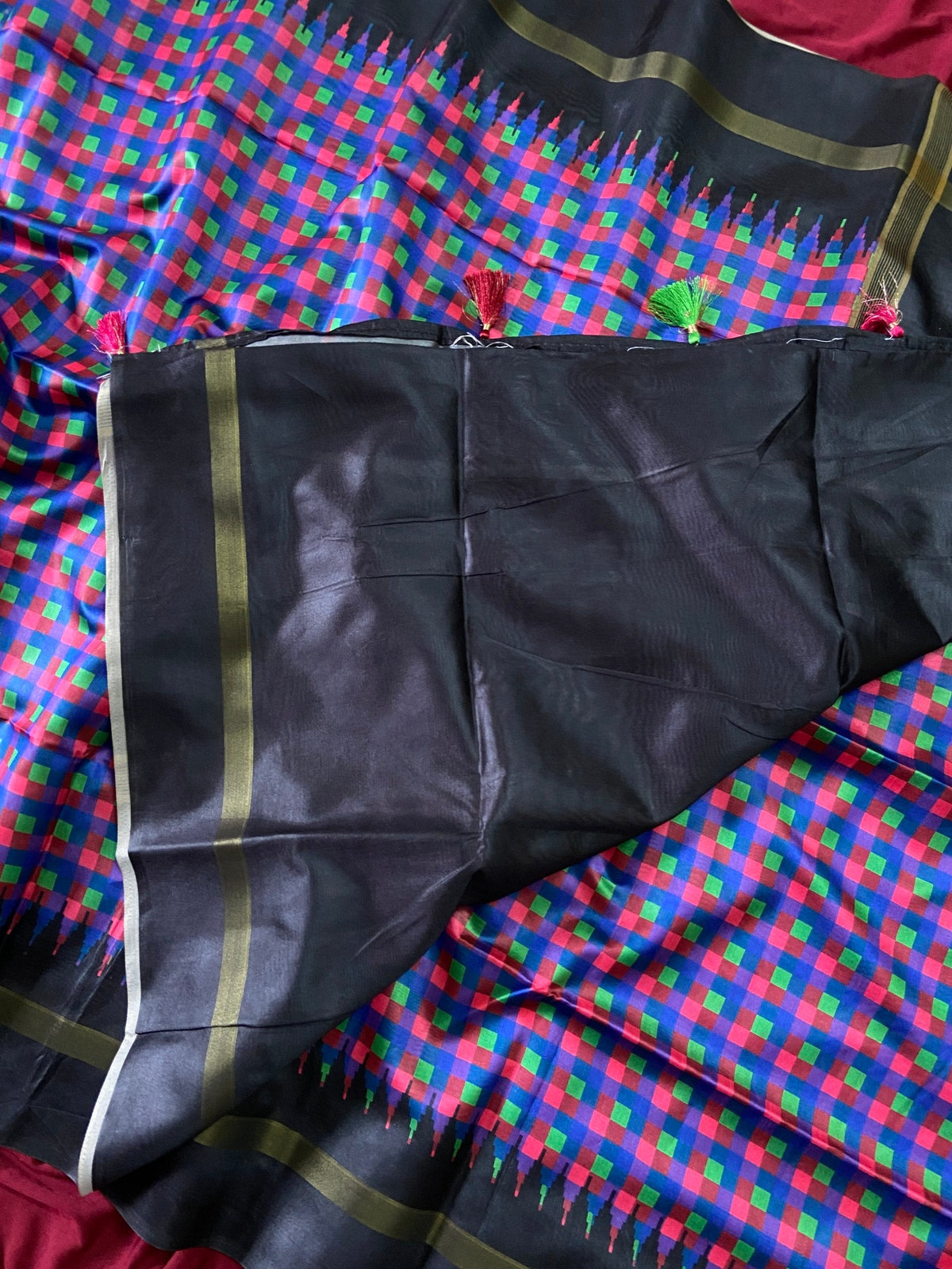 Black and Blue Tussar Silk Check Pallu Saree