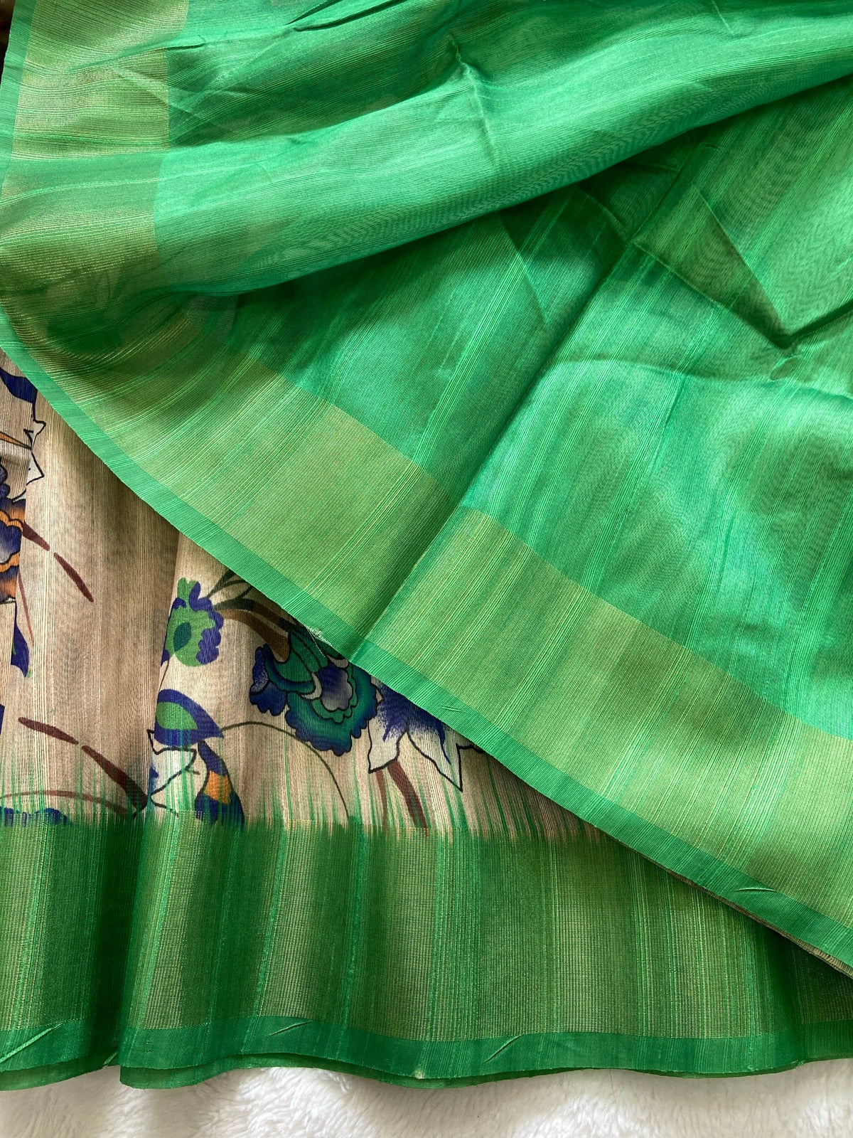 Green Tussar Silk Printed Saree with Zari Border