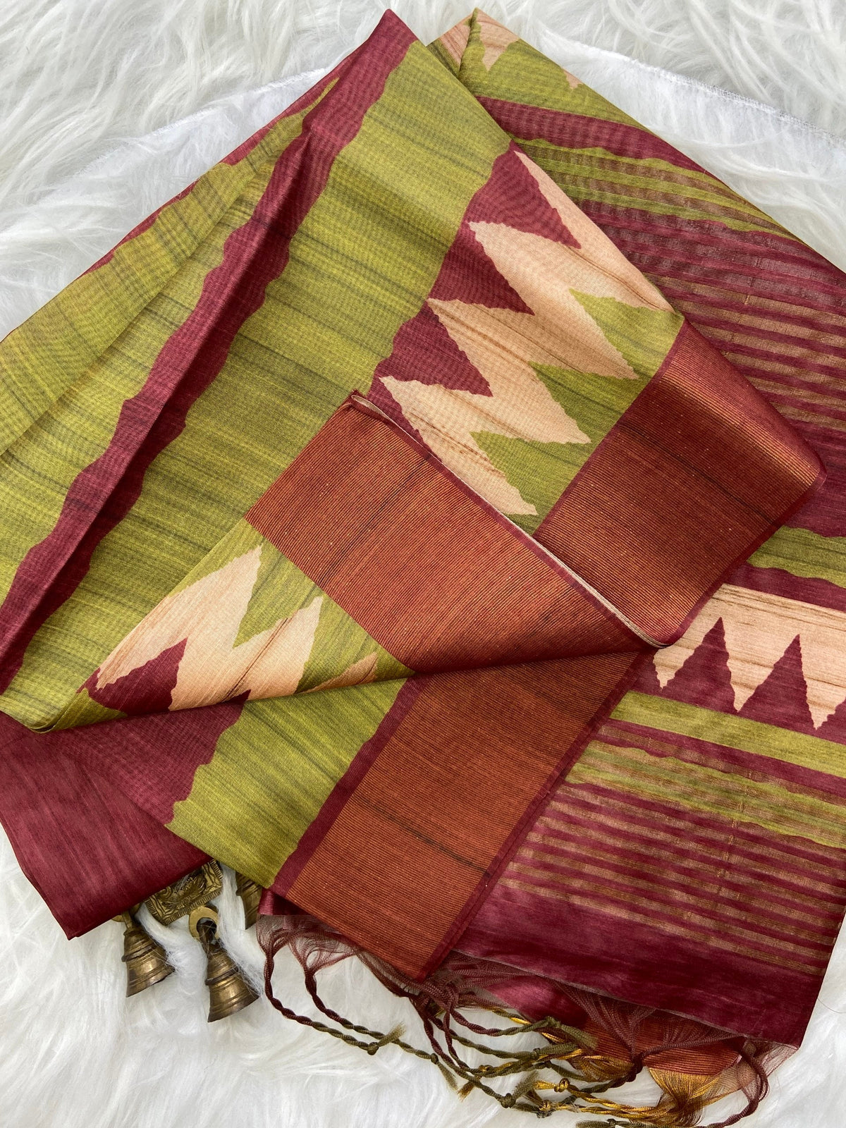 Maroon and Lime Tussar Silk Temple Border Saree