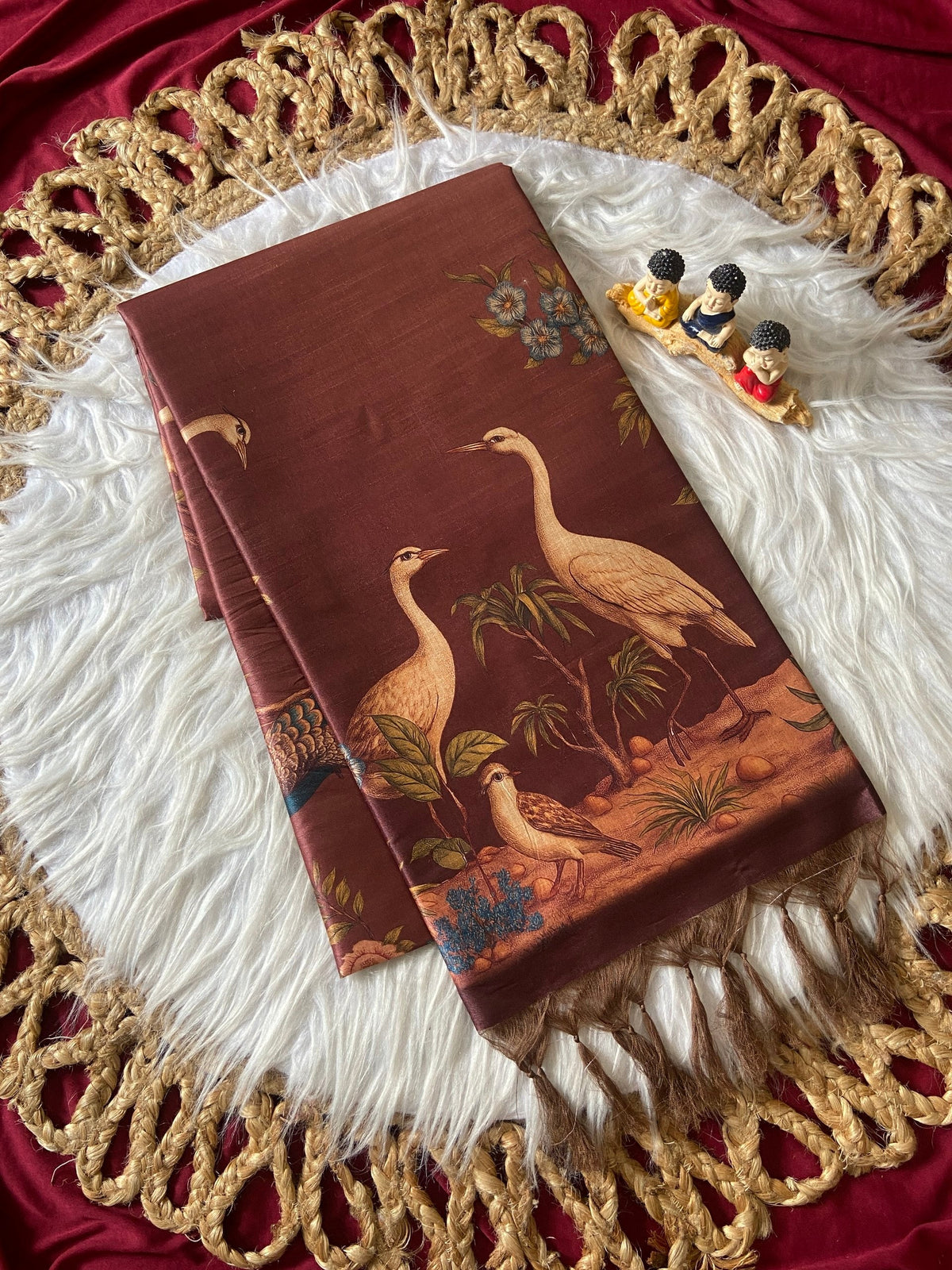 Coffee Brown Tussar Silk Crane Print Saree