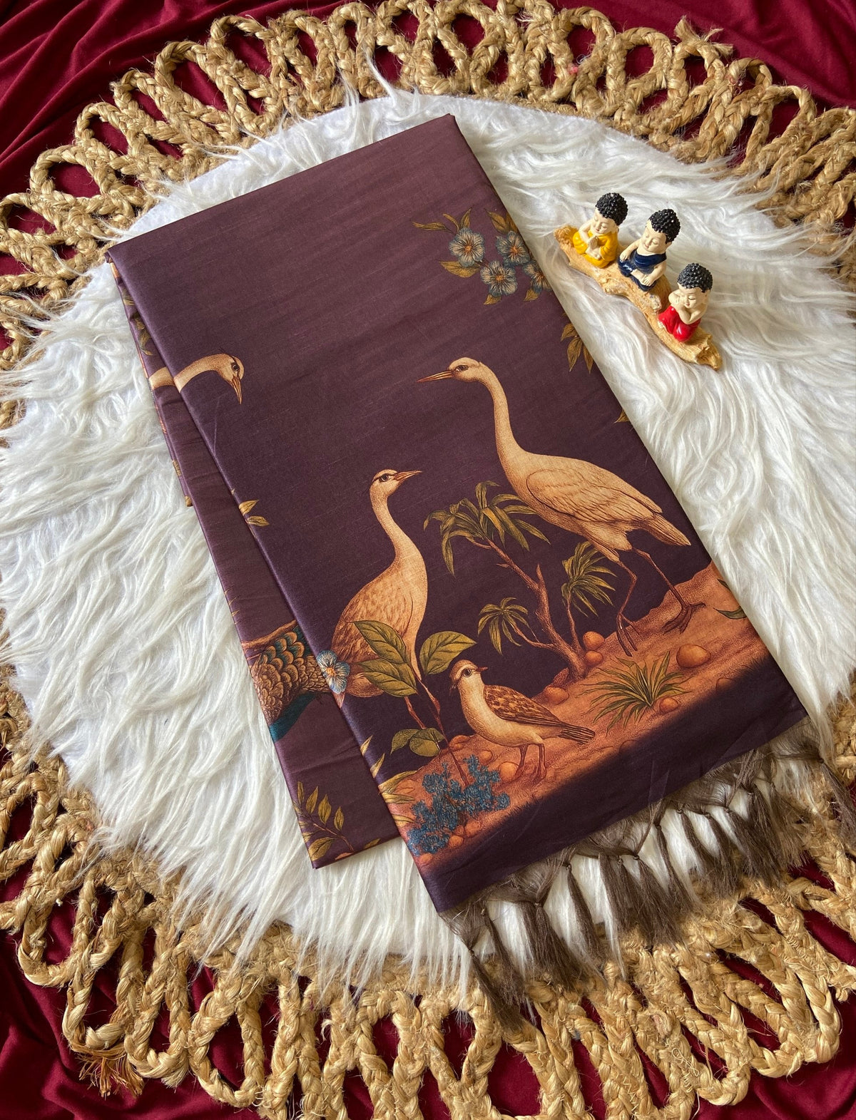 Wine Tussar Silk Crane Print Saree