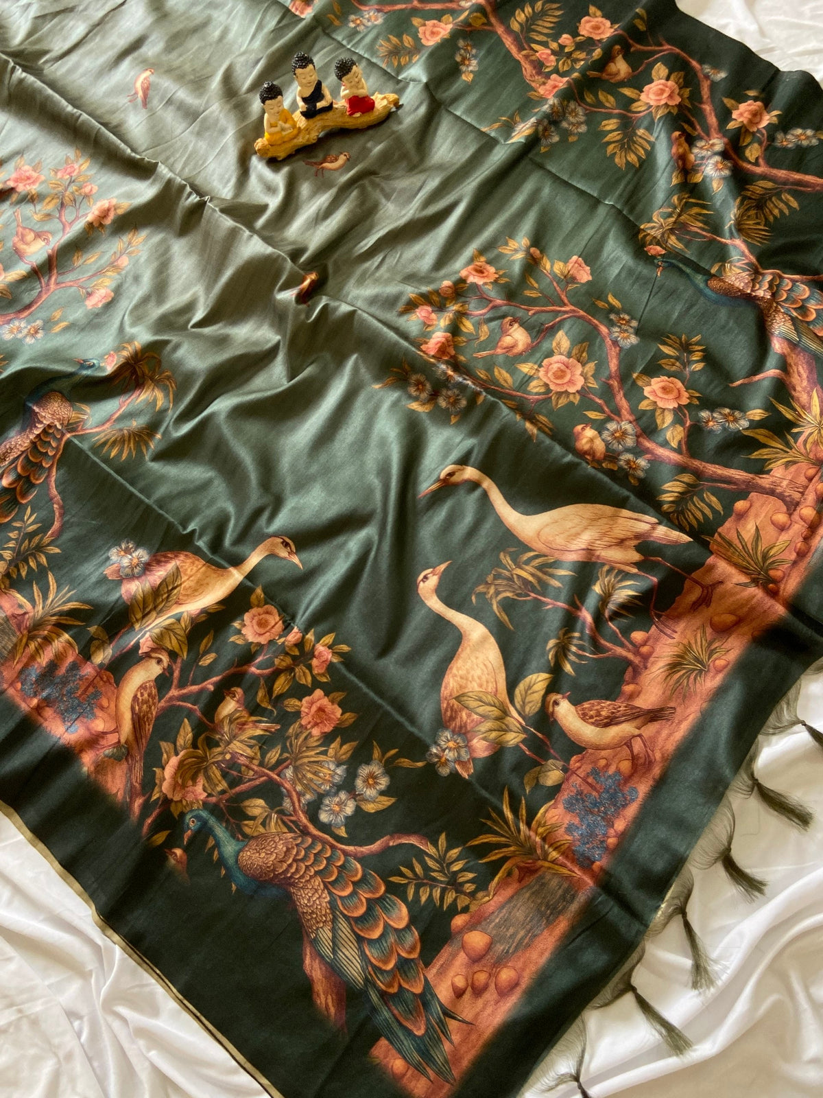 Bottle Green Tussar Silk Crane Print Saree
