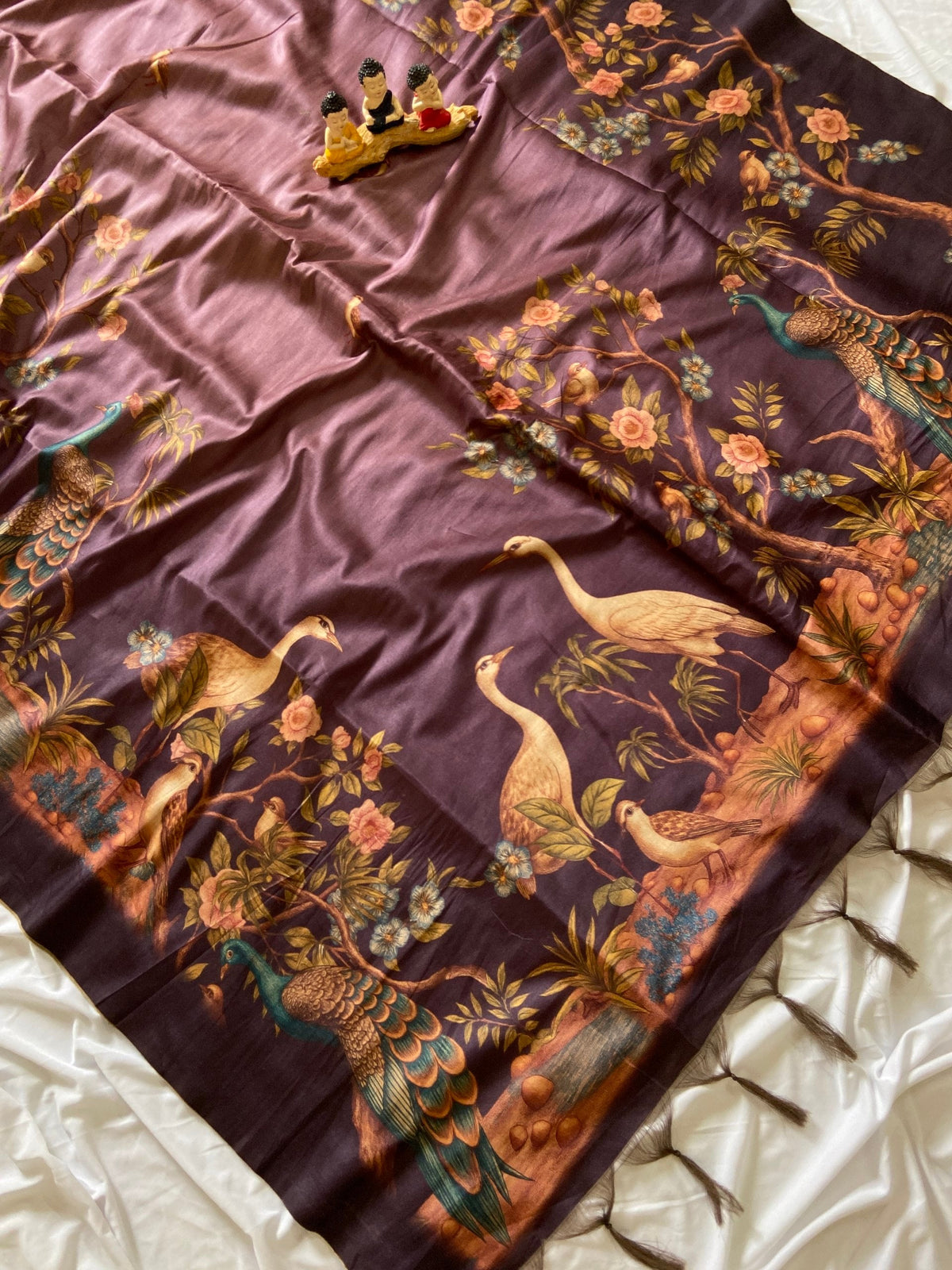 Wine Tussar Silk Crane Print Saree