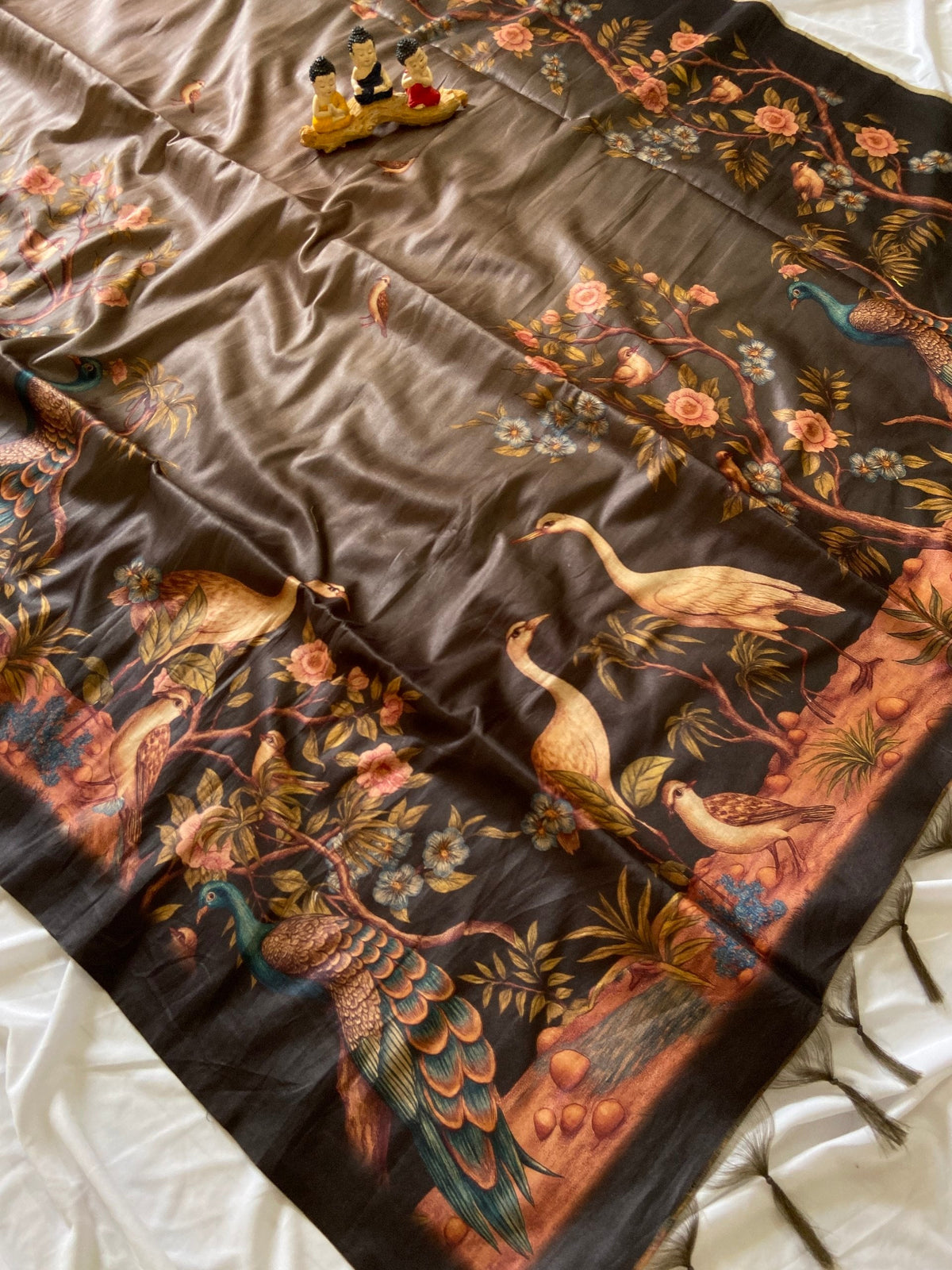 Grey Tussar Silk Crane Print Saree