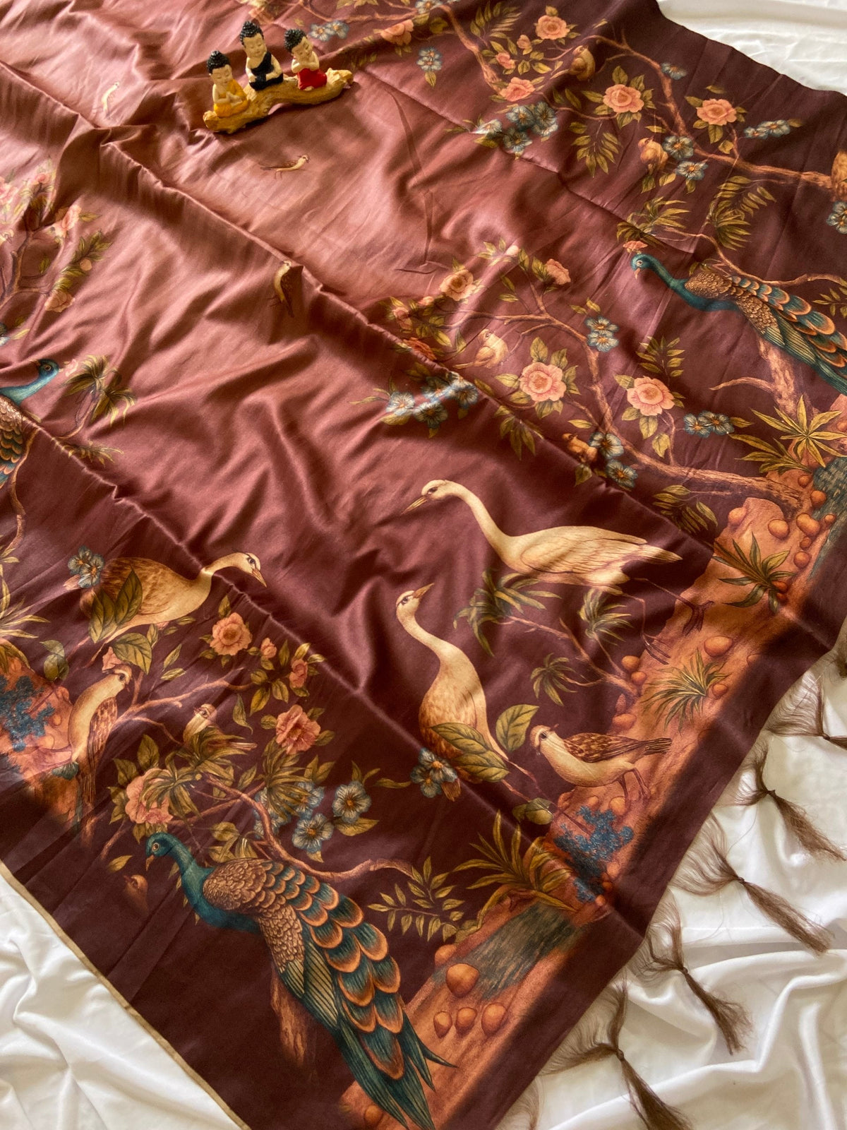 Coffee Brown Tussar Silk Crane Print Saree