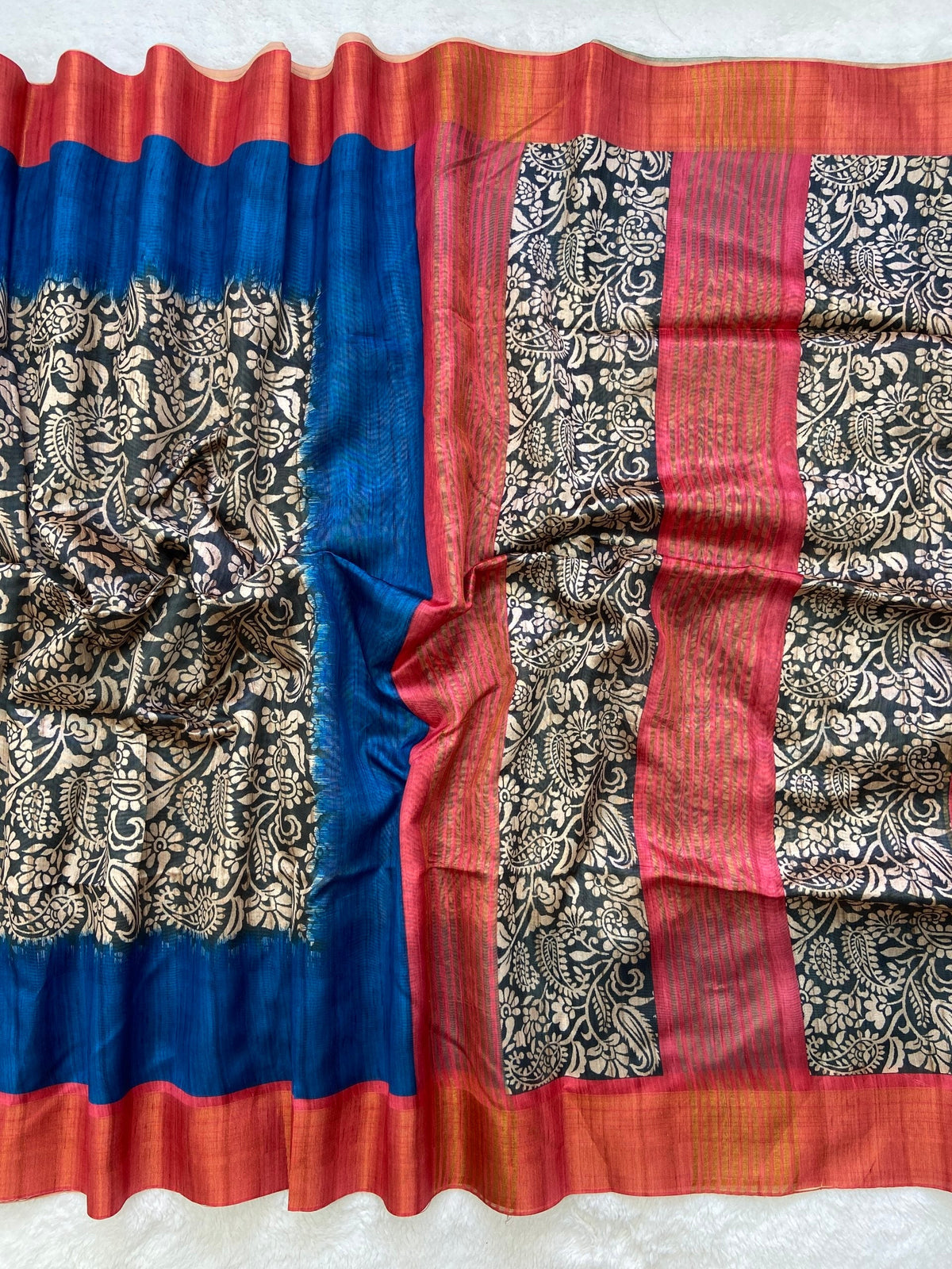Blue and Orange Tussar Silk Colour Block Saree